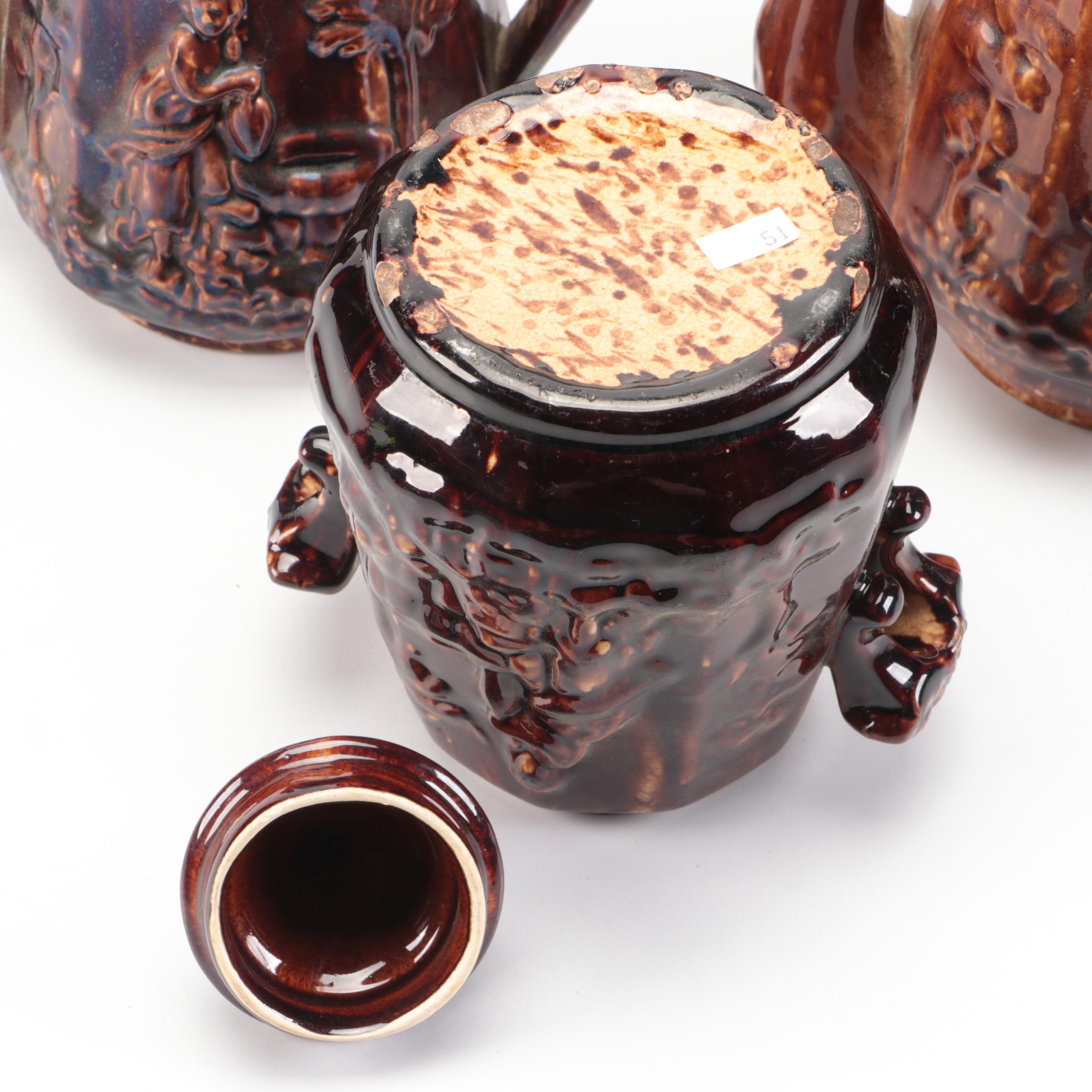 Rockingham Glaze "Rebecca at the Well" Earthenware Teapots and Sugar