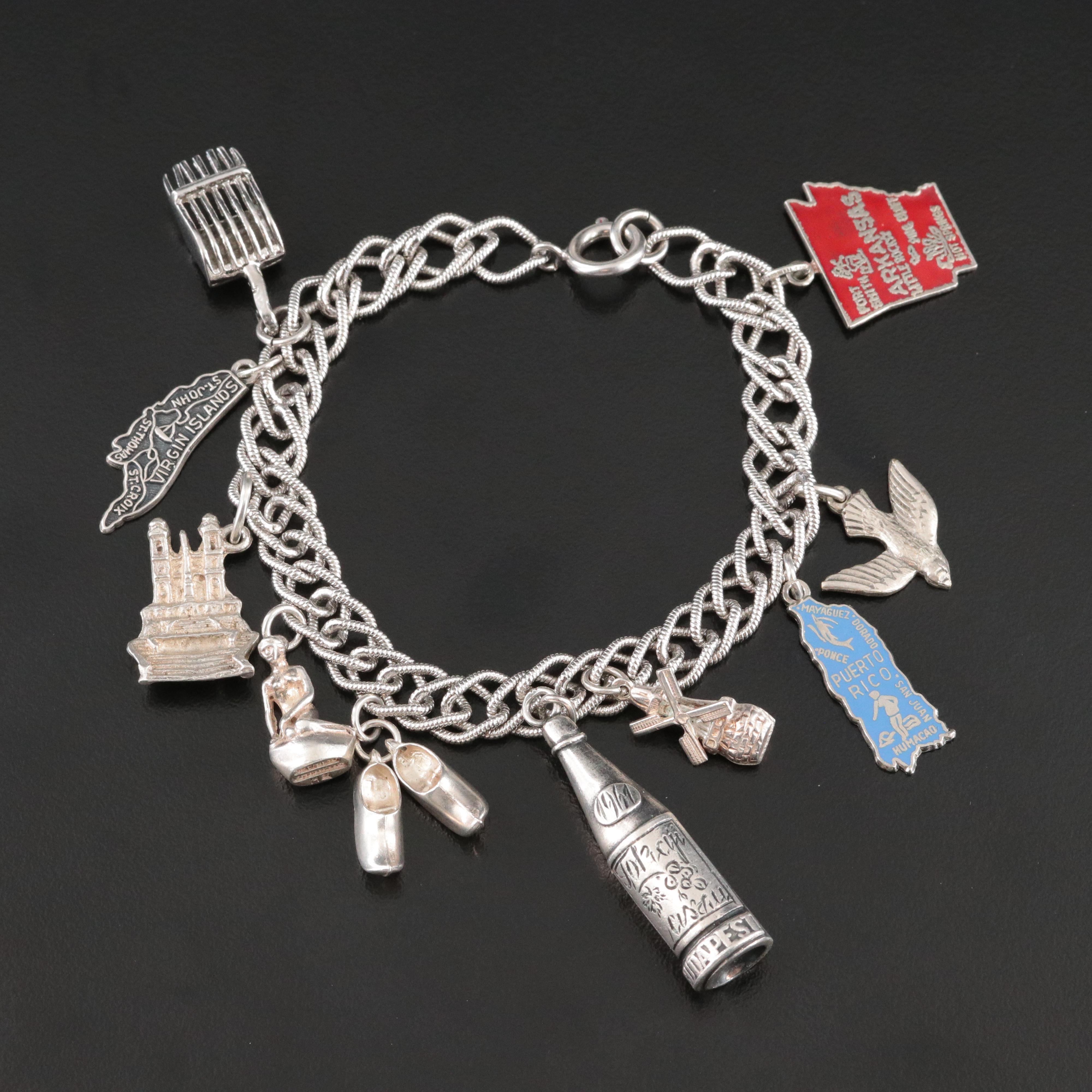 Sterling Charm Bracelet Including Travel Charms