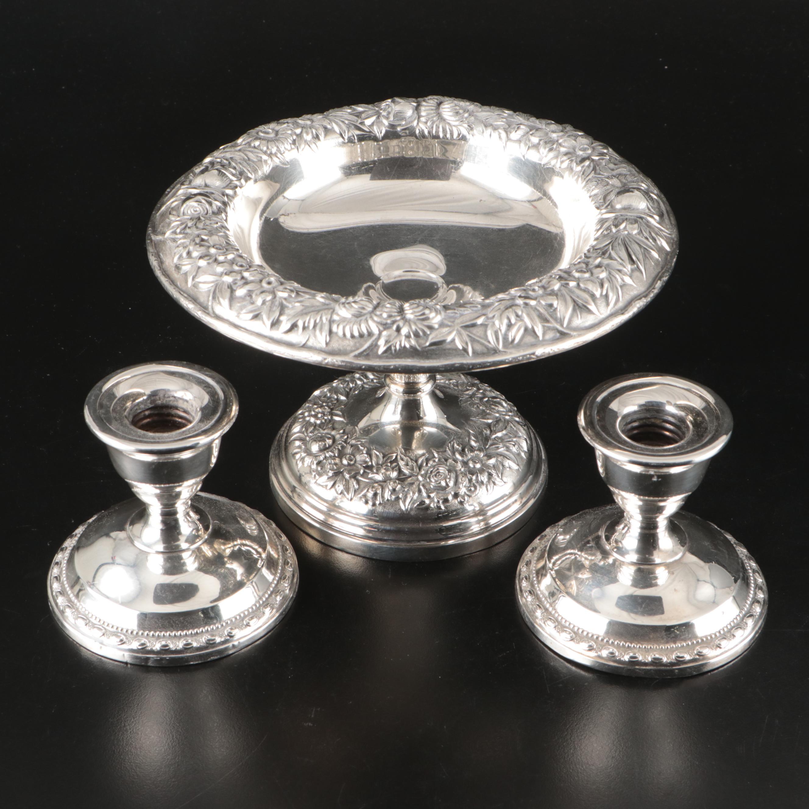 La Pierre Sterling Candle Holders and S. Kirk & Son Sterling Repoussé Compote