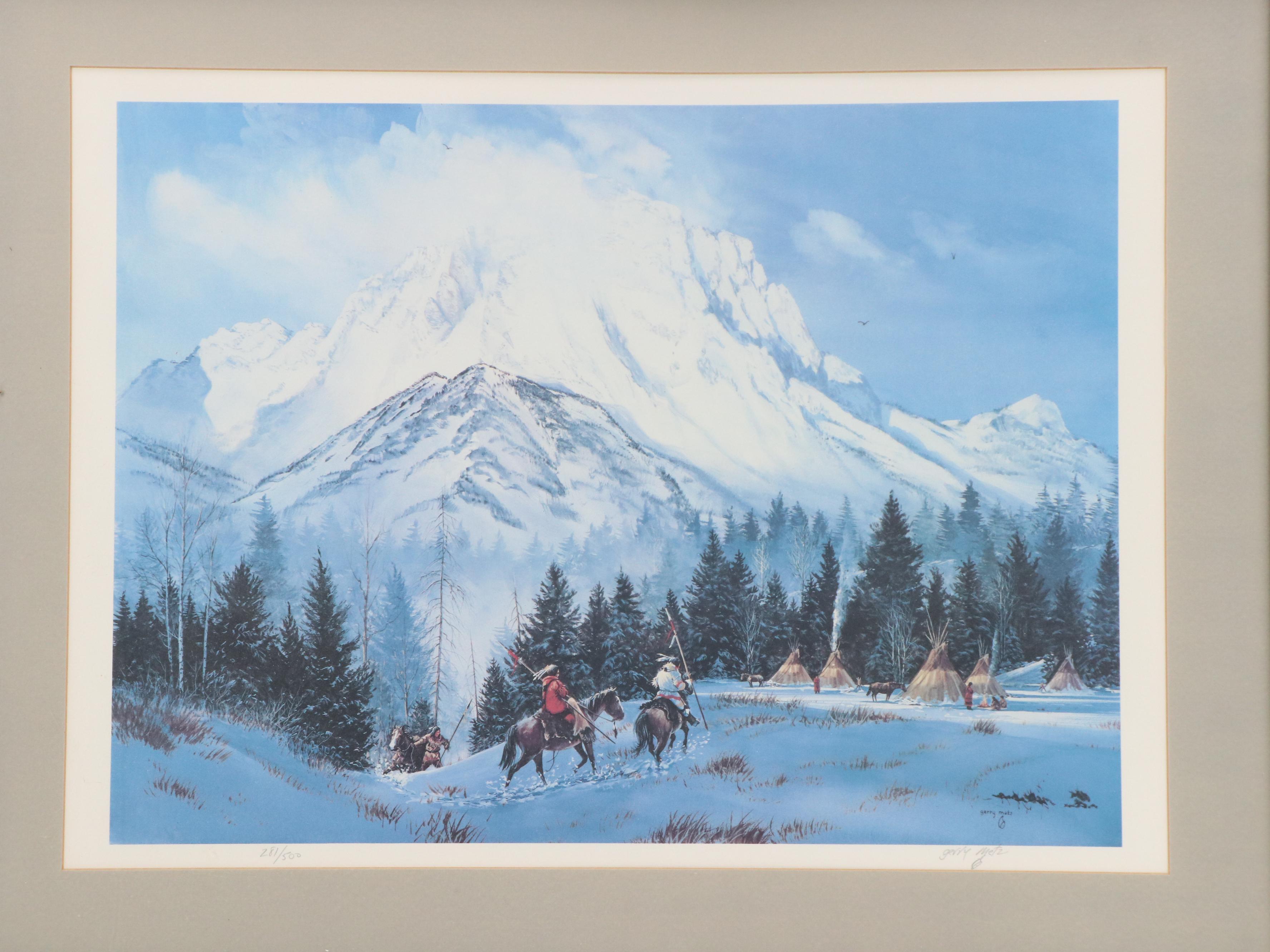 Gerry Metz Winter Western Landscape Offset Lithograph "Crow Camp"