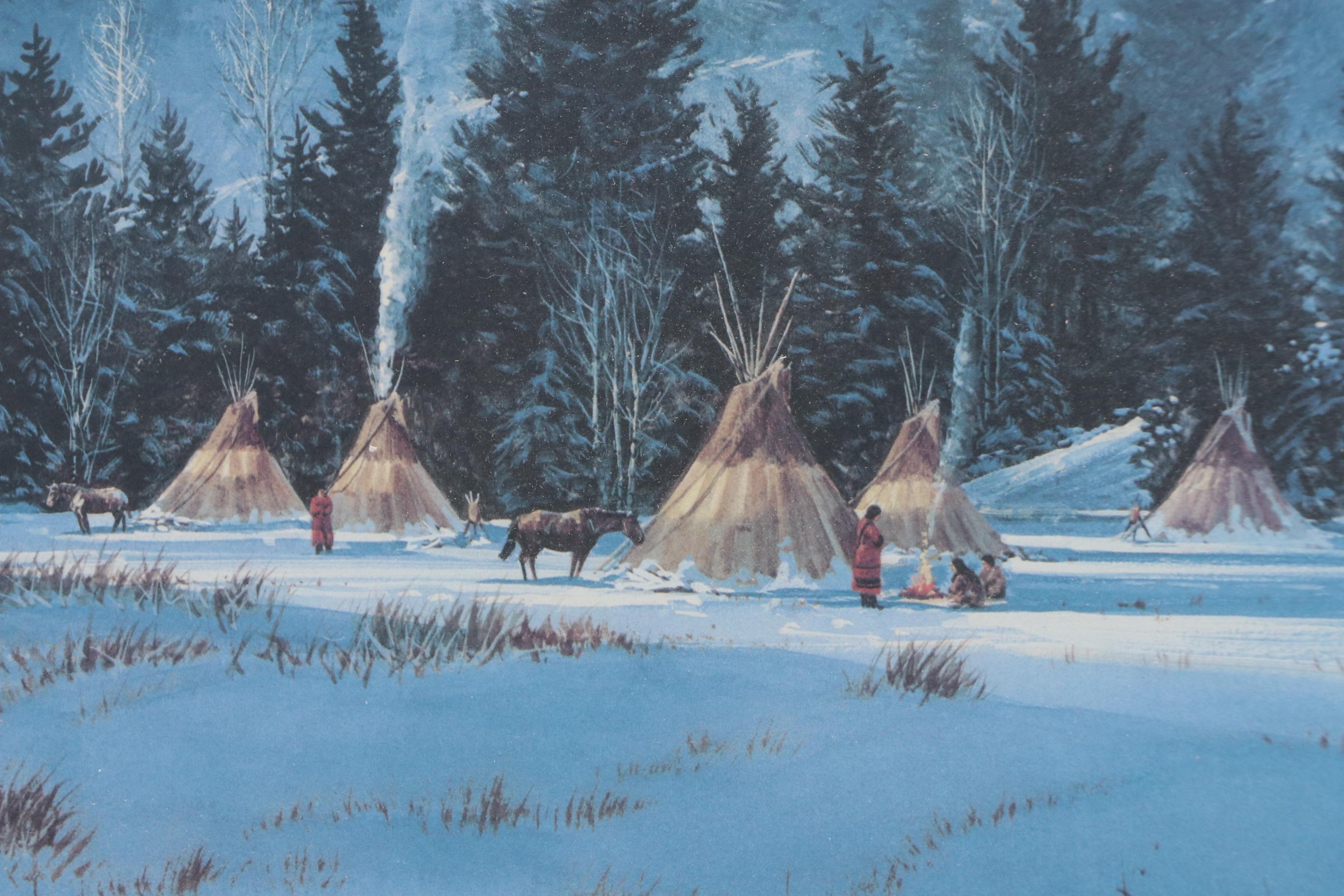 Gerry Metz Winter Western Landscape Offset Lithograph "Crow Camp"