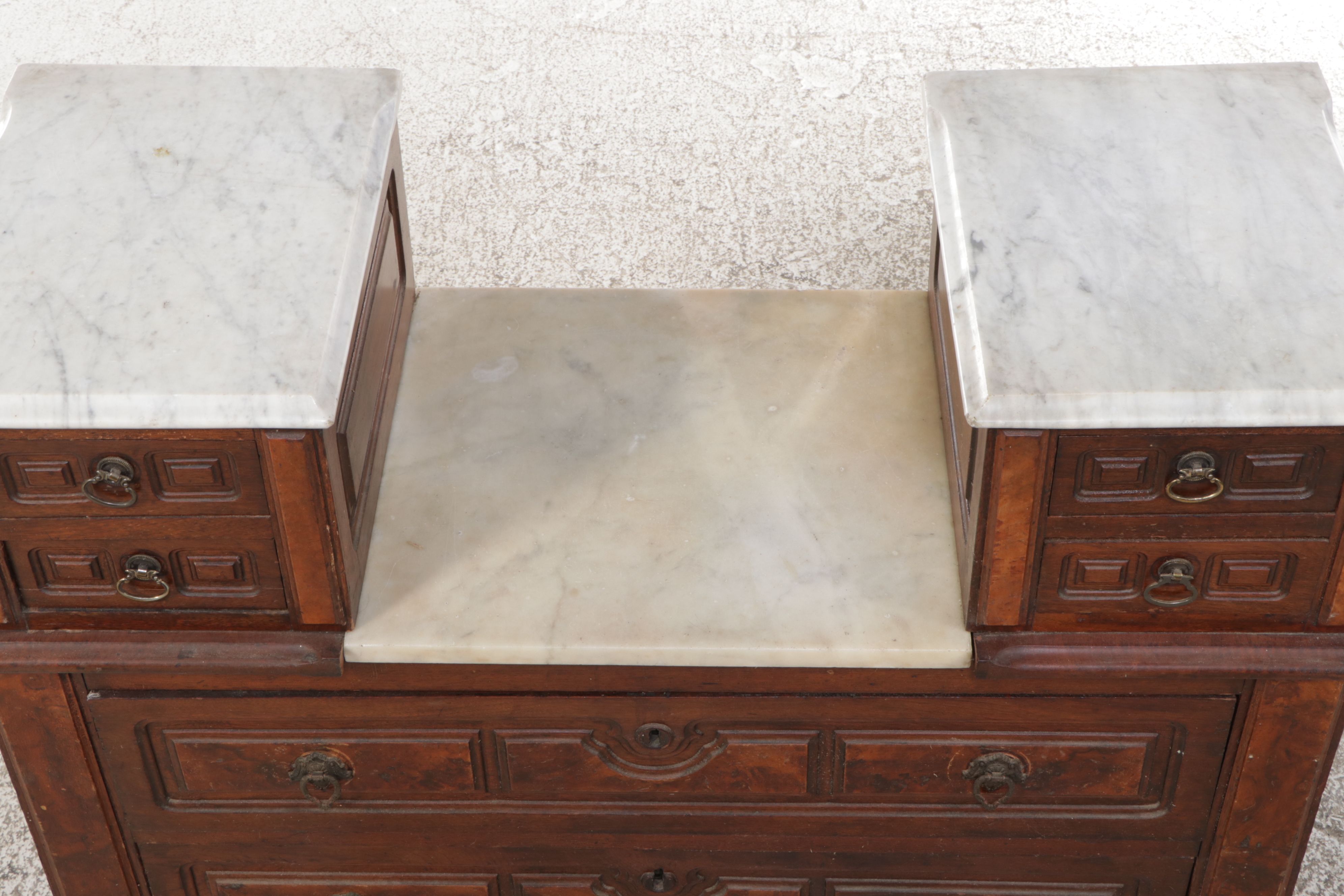 Victorian Marble Top Burl Wood and Walnut Chest of Drawers