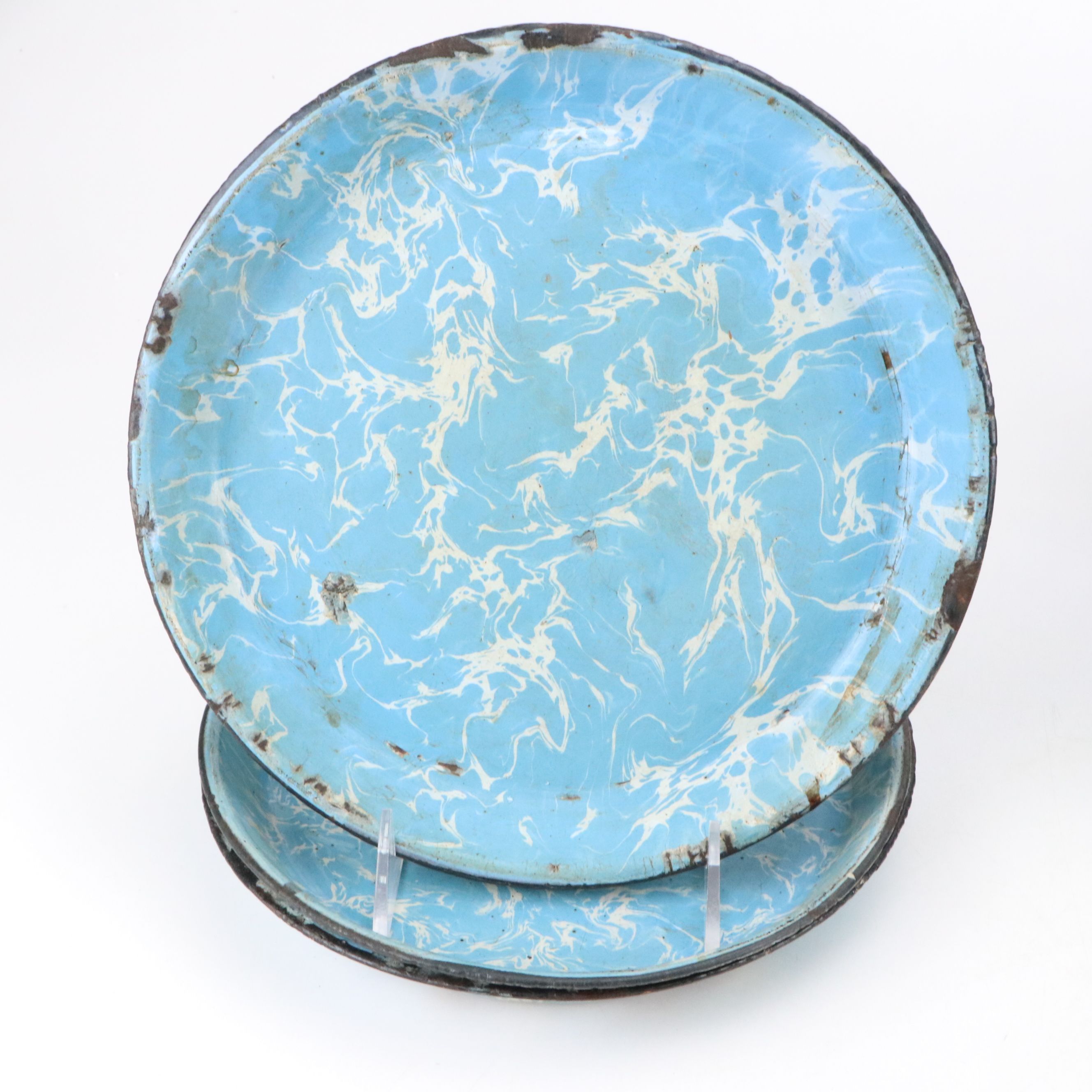 Blue and White Swirled Graniteware Tableware with Other Blue Enamel Coffee Pot