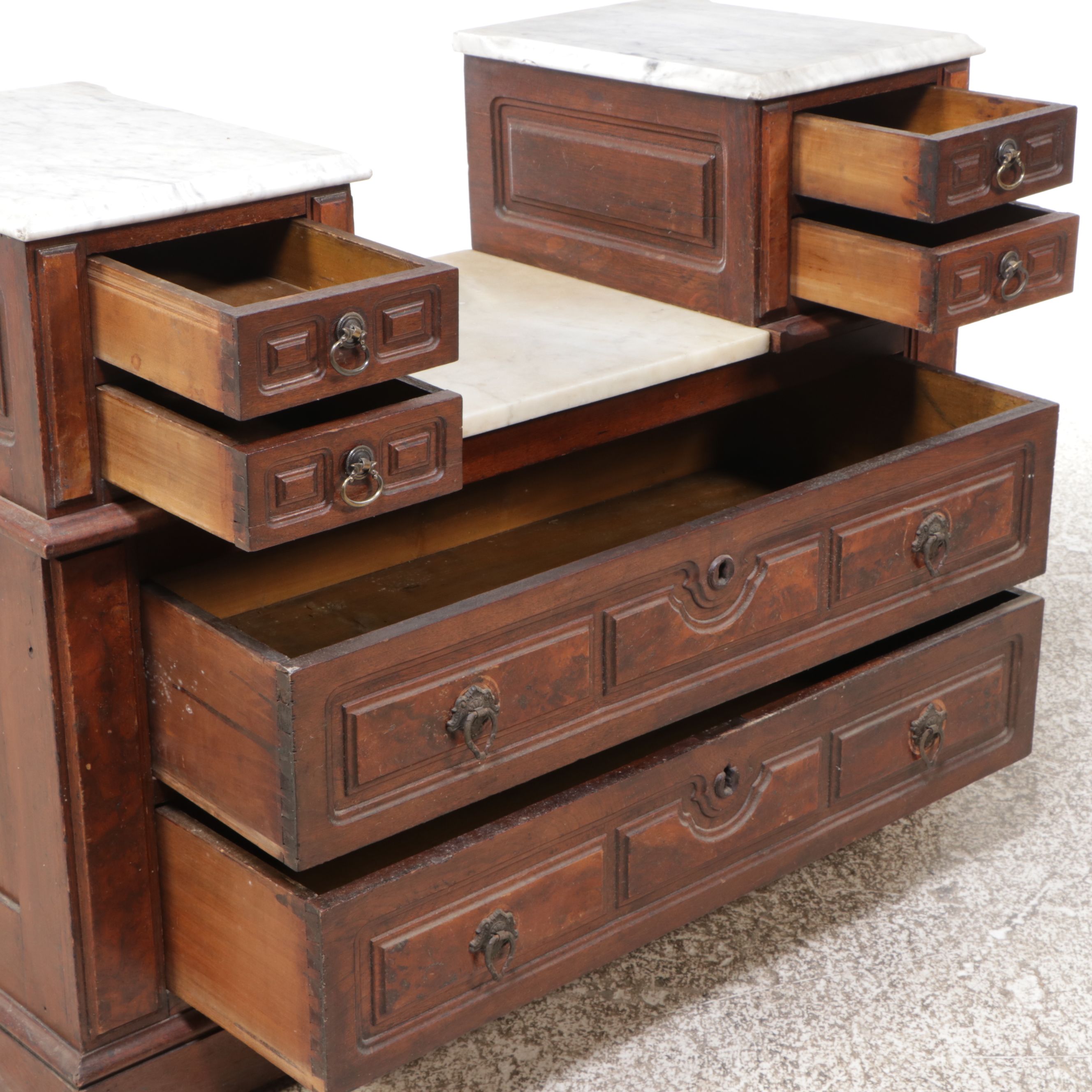 Victorian Marble Top Burl Wood and Walnut Chest of Drawers