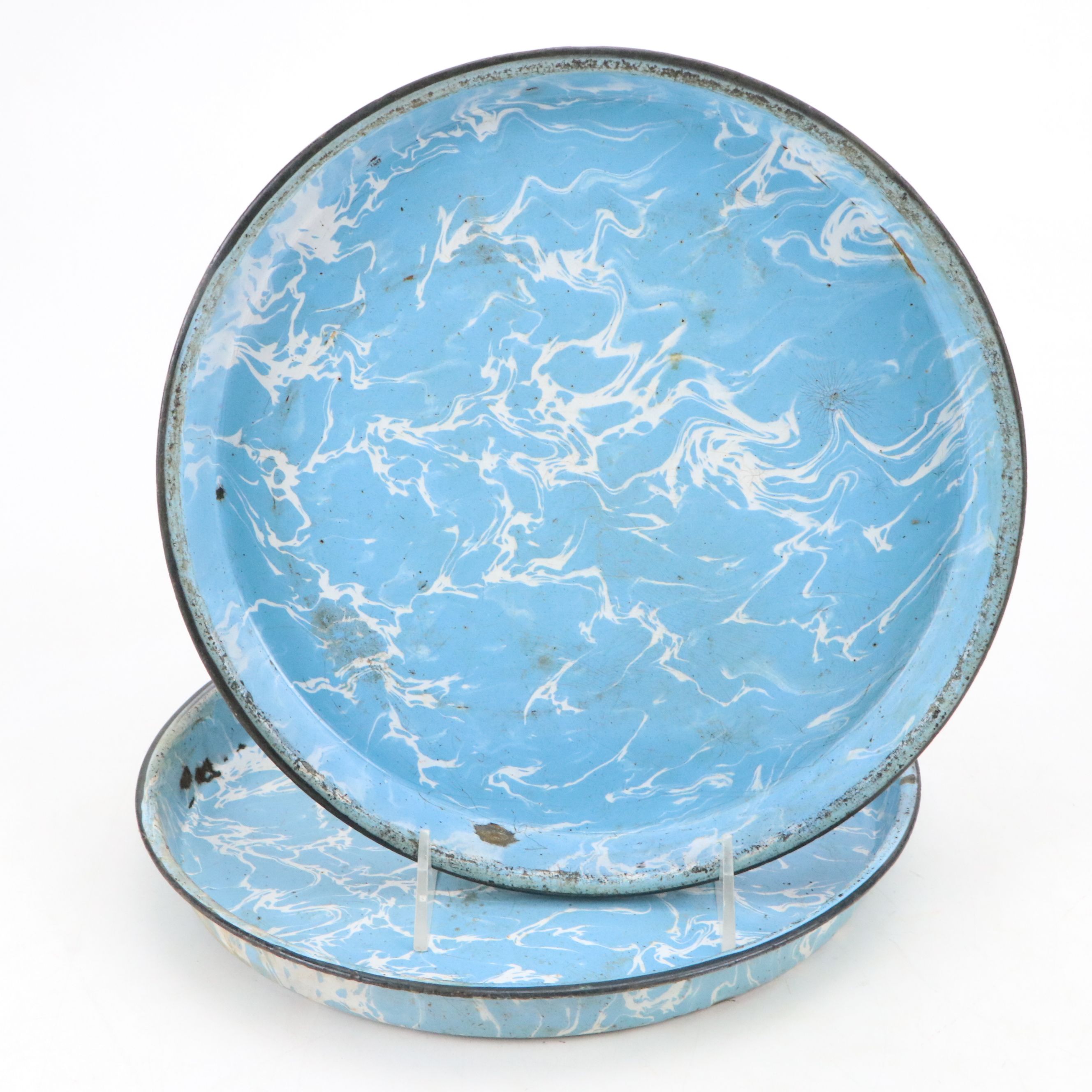 Blue and White Swirled Graniteware Tableware with Other Blue Enamel Coffee Pot