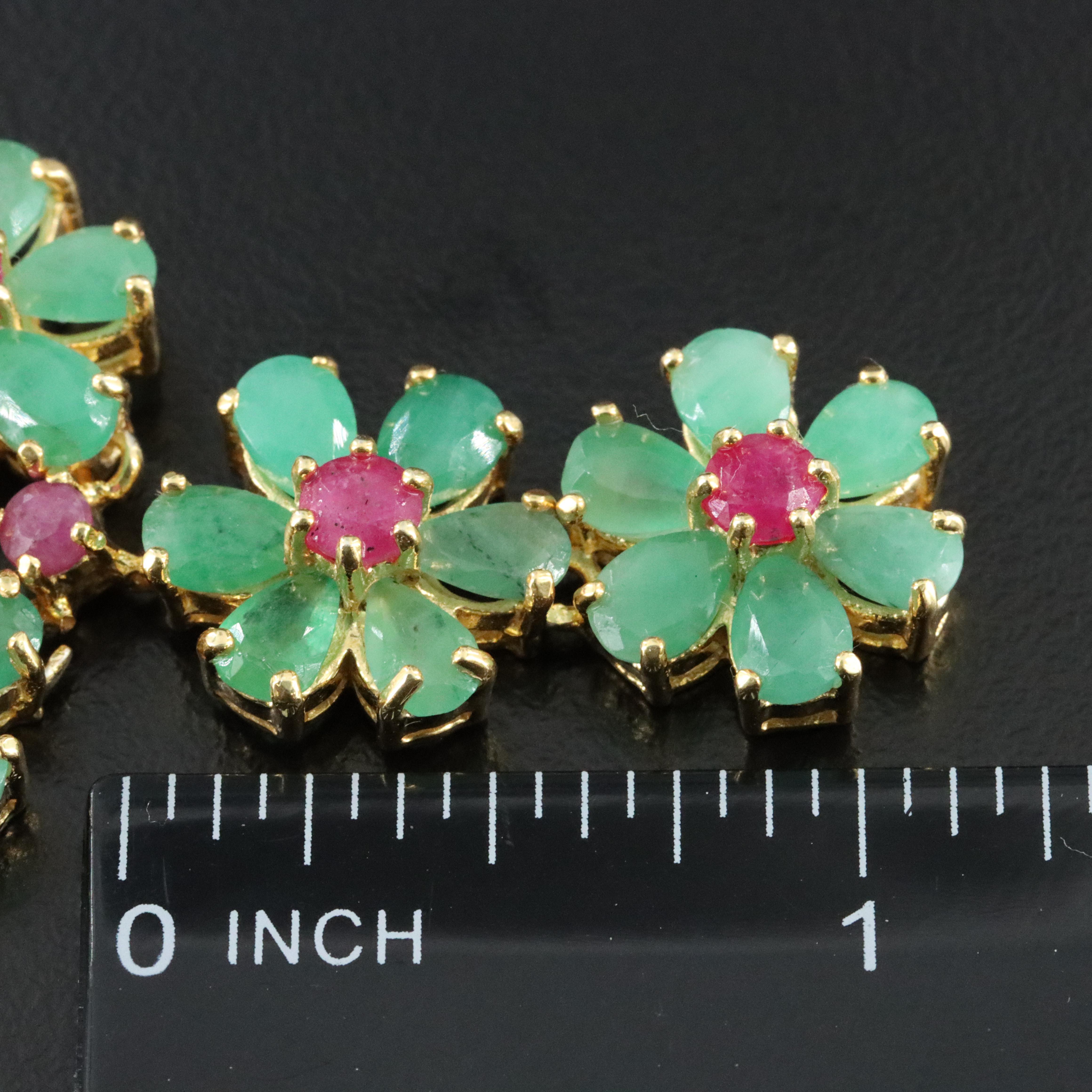 Sterling Emerald and Ruby Flower Necklace in Gold-Tone