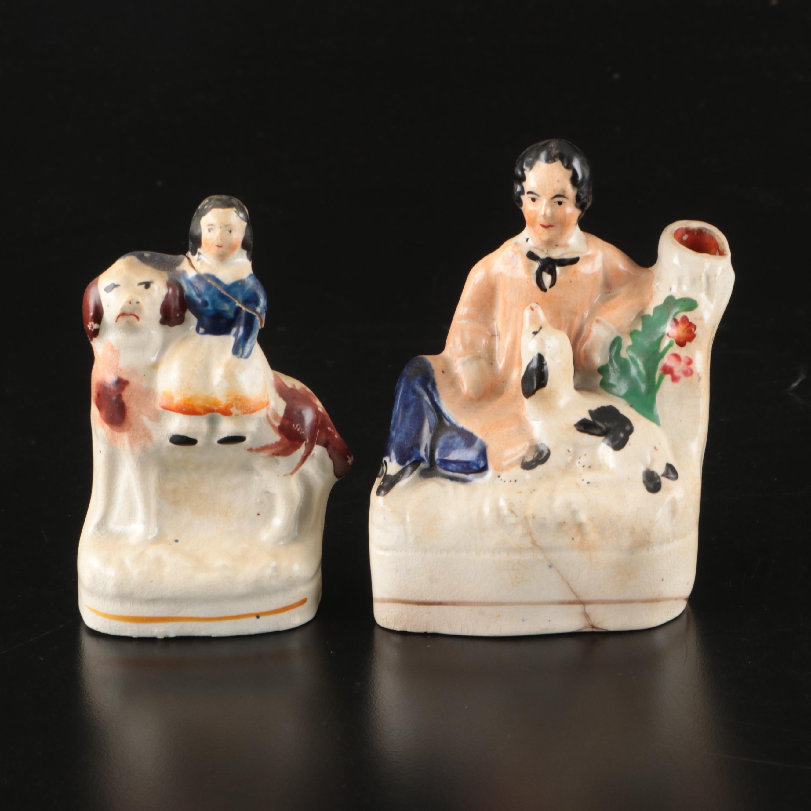 Staffordshire Man on Horseback with Other Flatback Figurine and Spill Vases