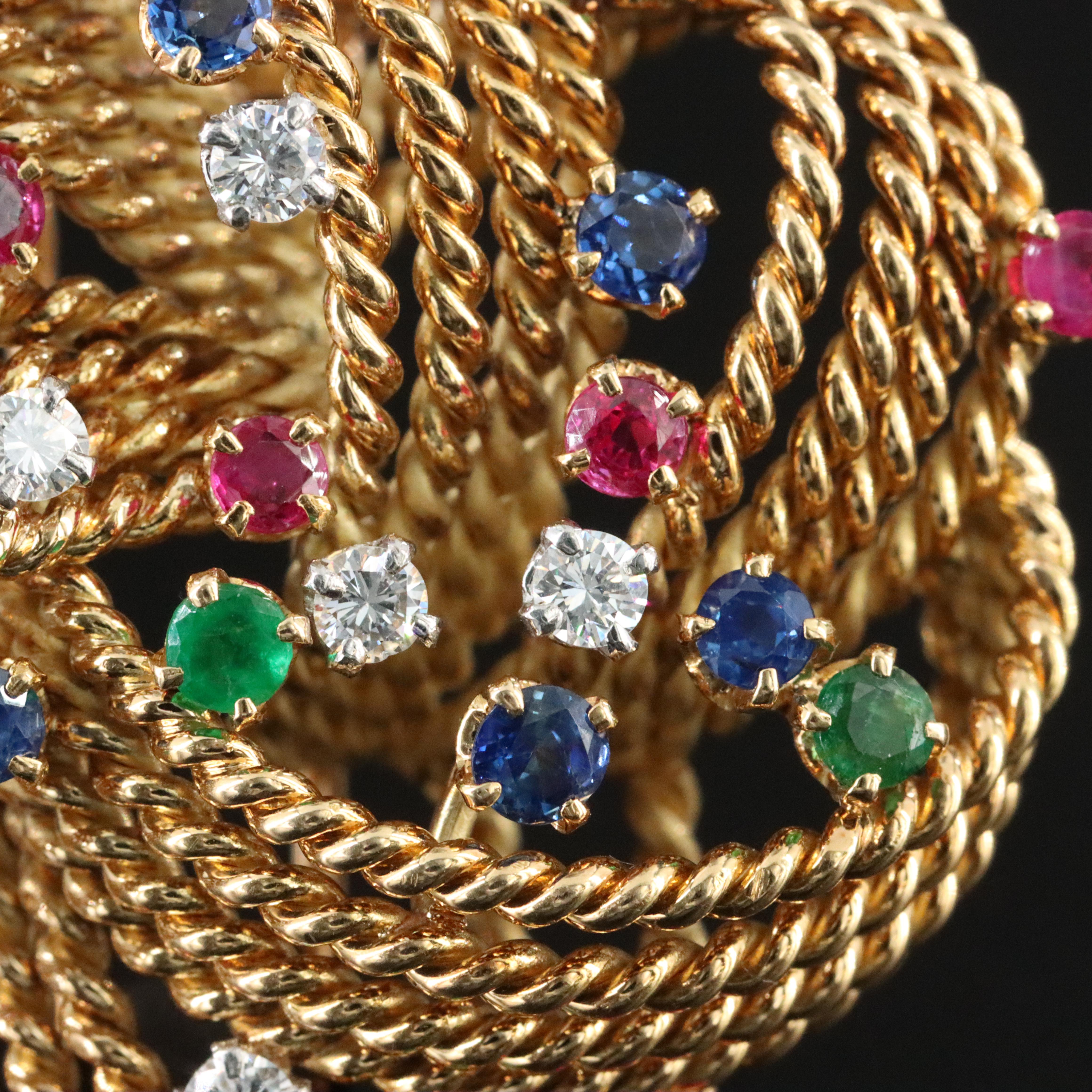 1960s French 18K Ruby, Sapphire, Emerald and Diamond Brooch