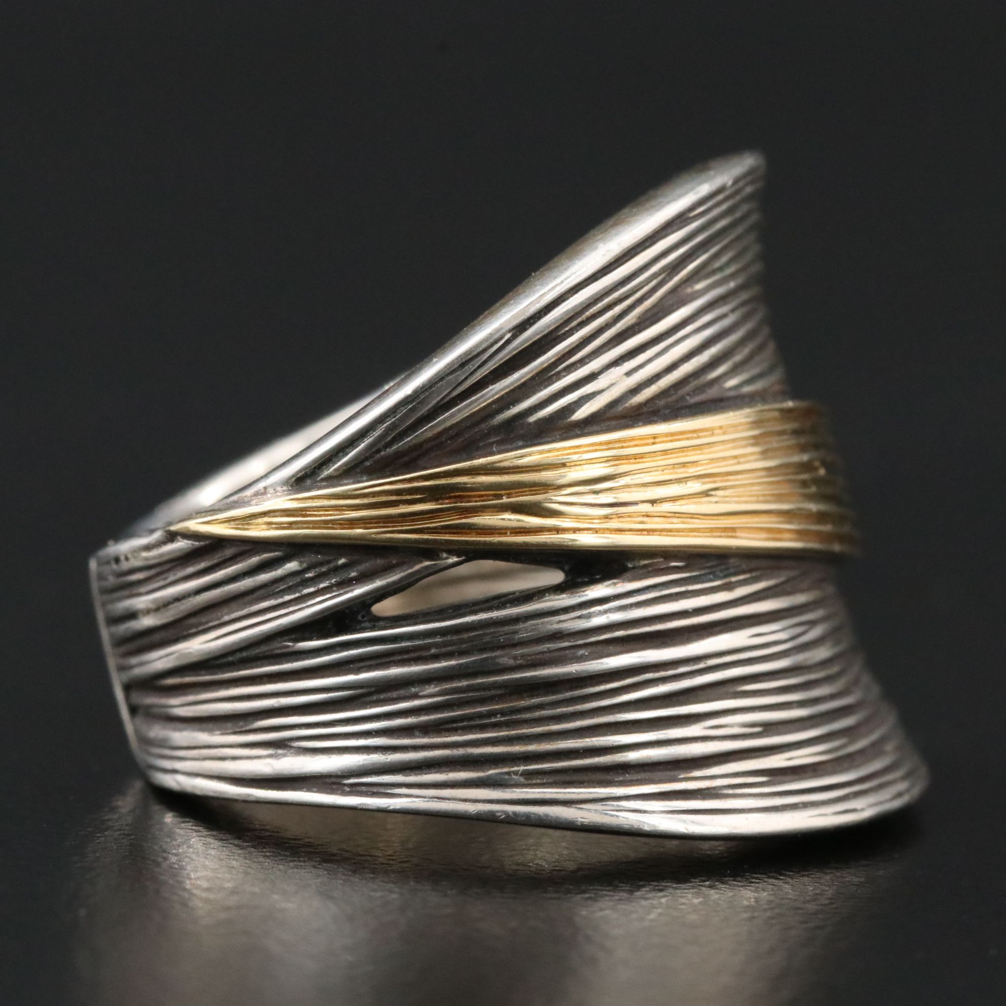 John Hardy Bamboo Sterling Striated Saddle Ring with 18K Accent