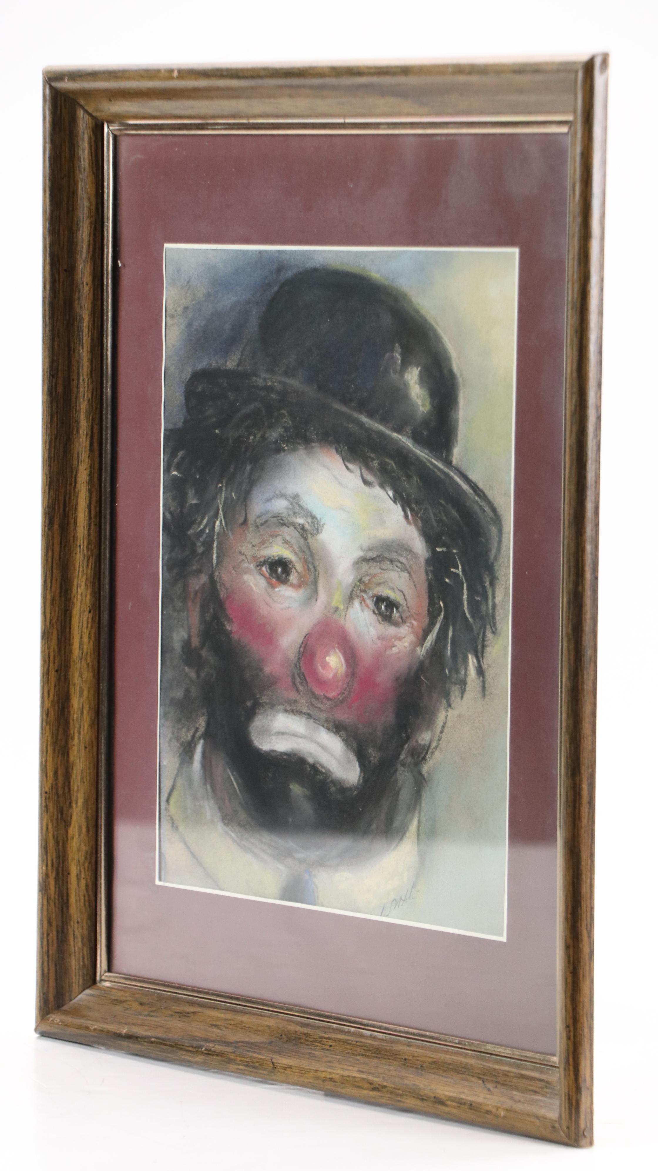 Pair of Clown Portrait Pastel Drawings, Late 20th Century