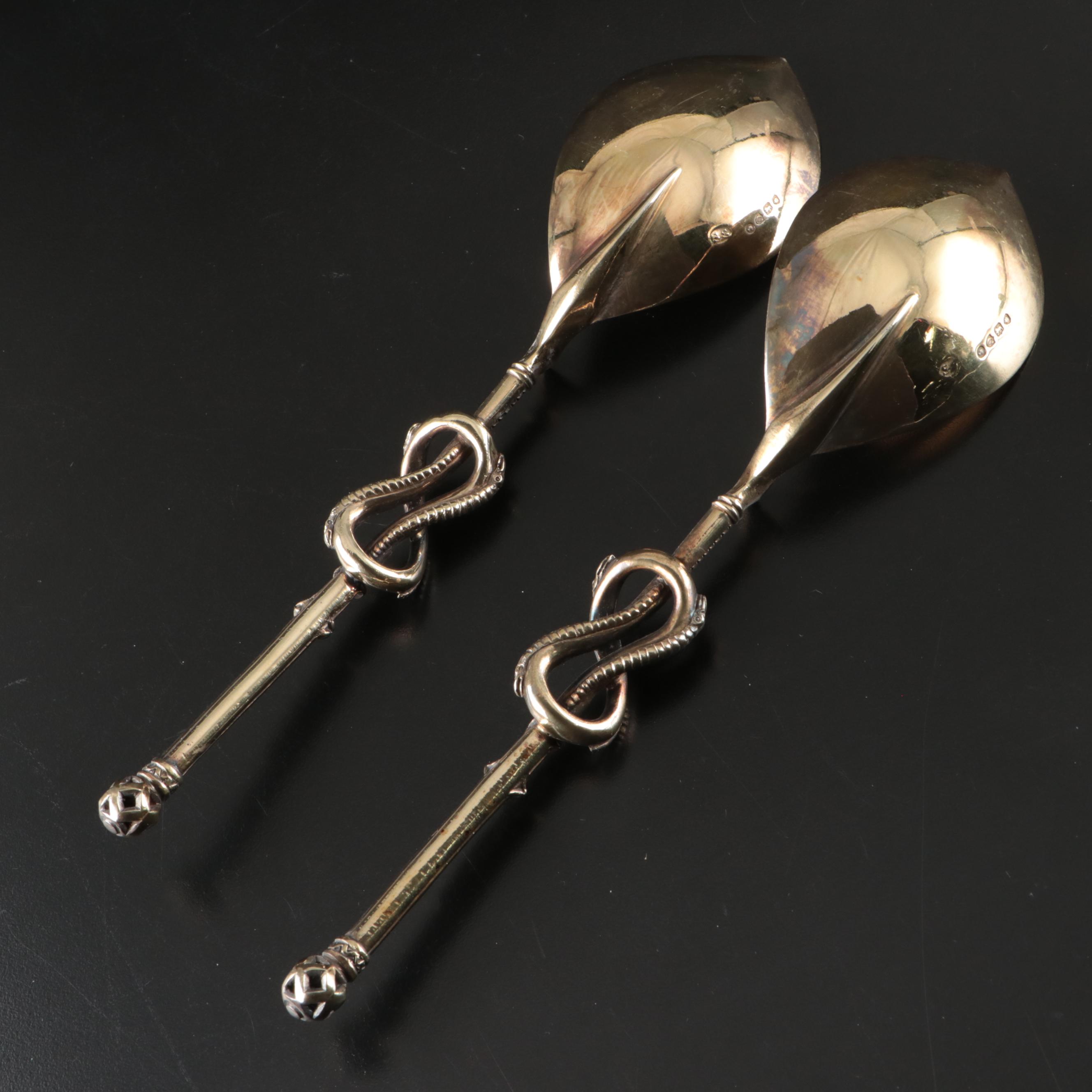S. Smith & Son Gilt Sterling Silver Snake Motif Serving Spoons, 1878