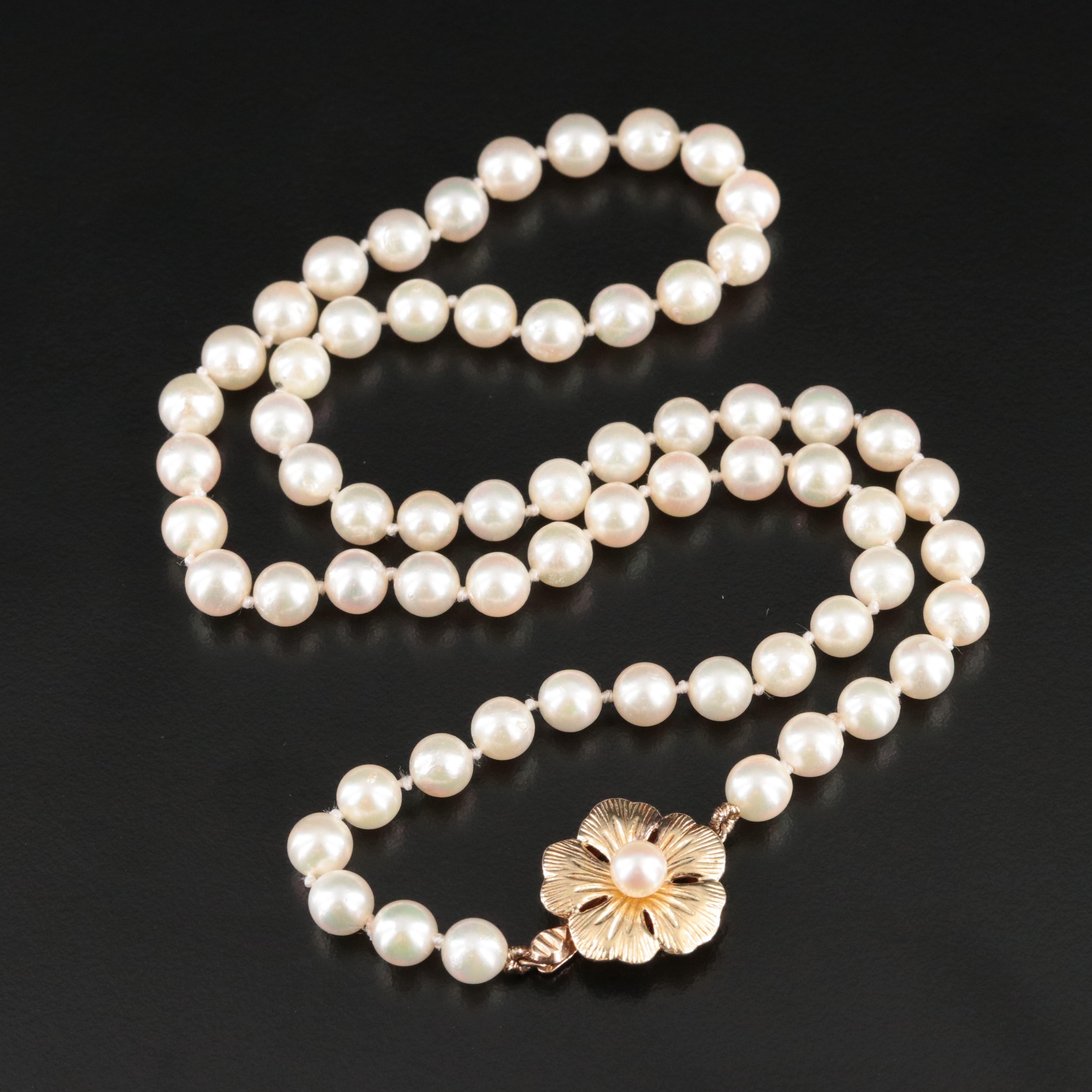 Pearl Necklace with 14K Flower Clasp
