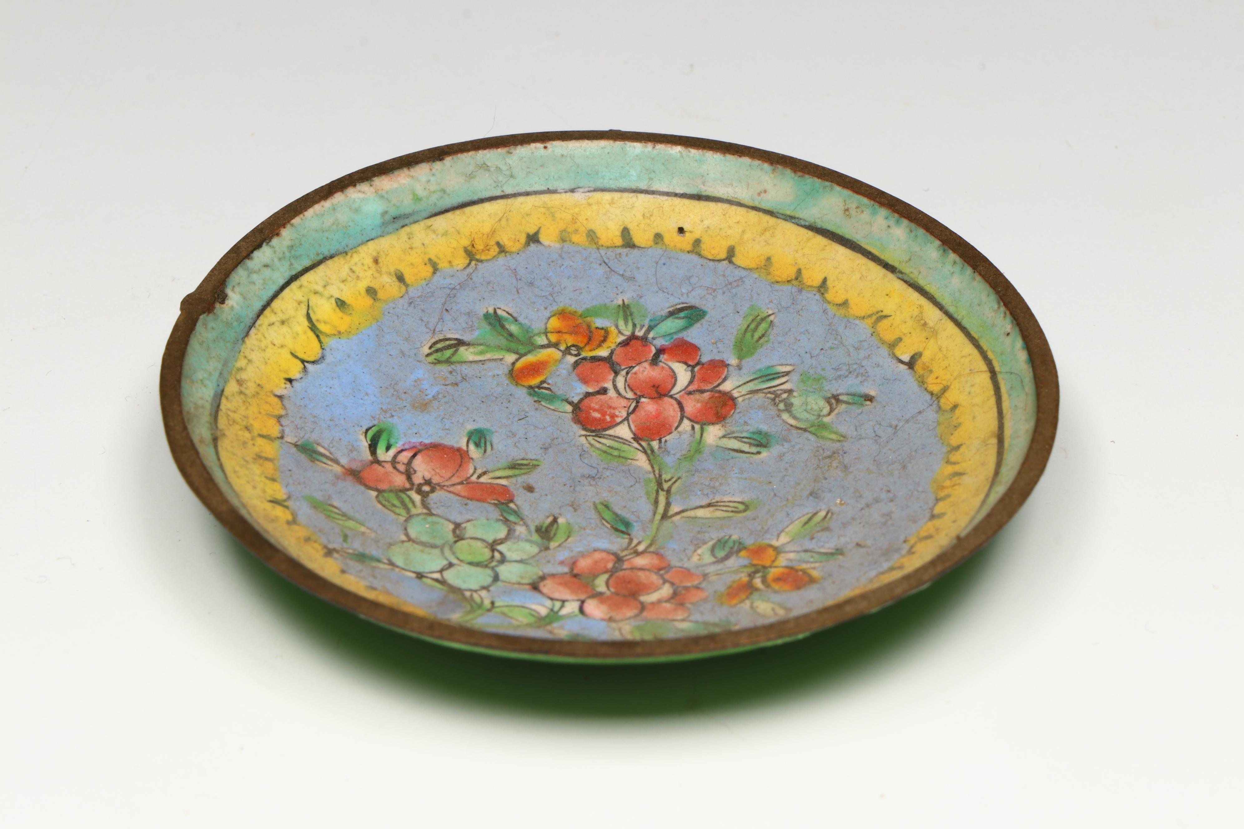 Chinese Cloisonné and Other East Asian Ceramic Dishes with Glass Snuff Bottle