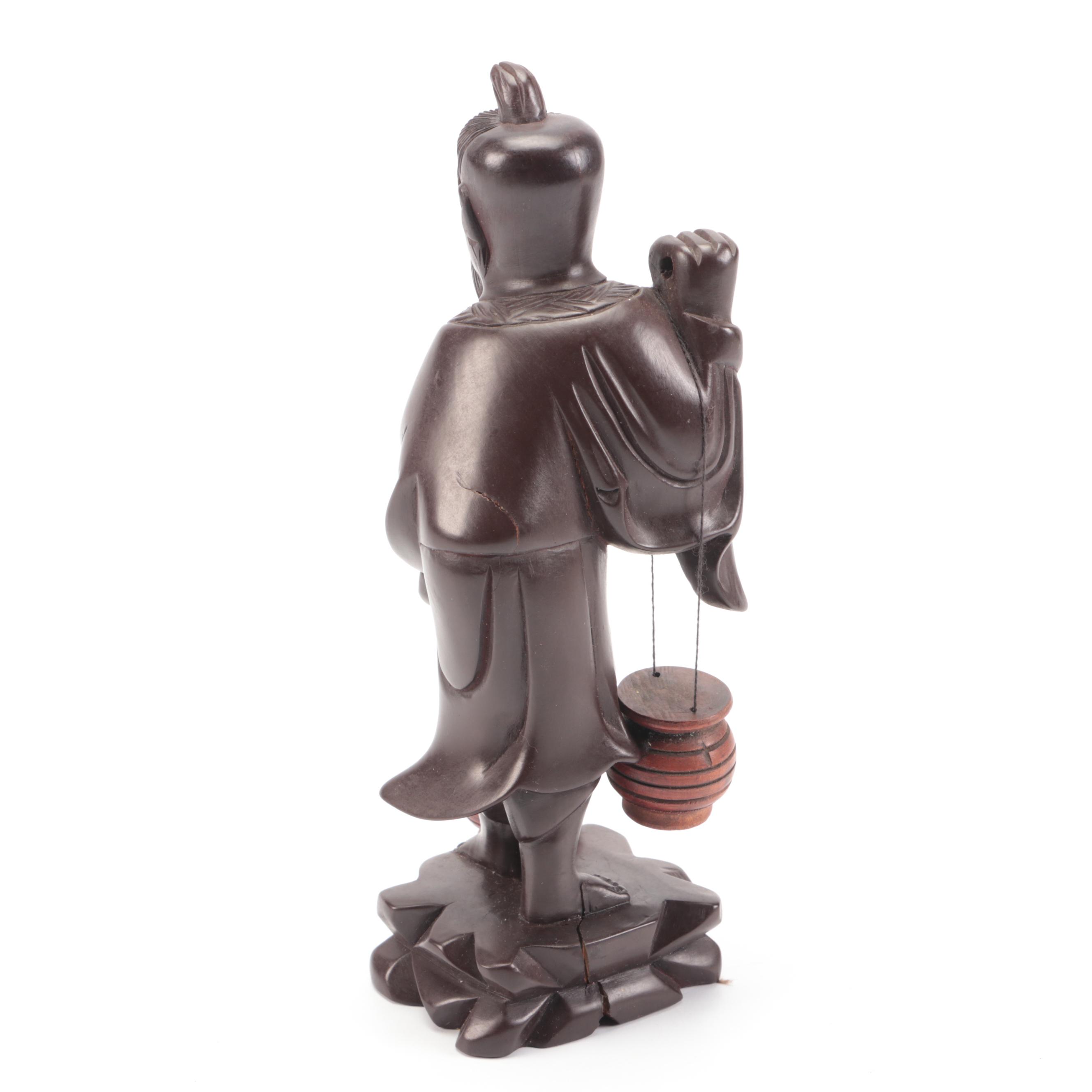 Japanese Carved Wood Water Carrier Statue