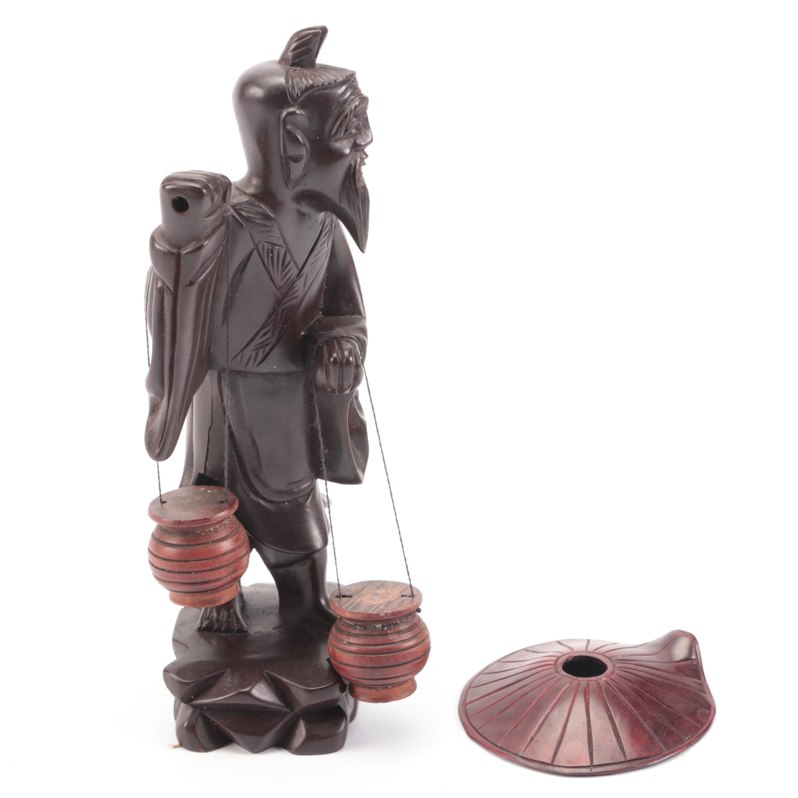 Japanese Carved Wood Water Carrier Statue