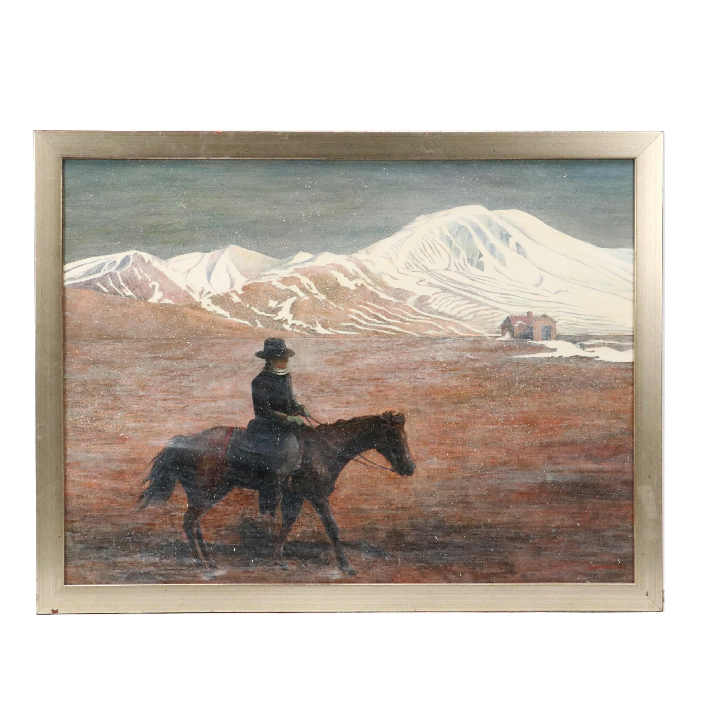 Xiang Zhang Southwest Oil Painting with Rider in Winter Landscape