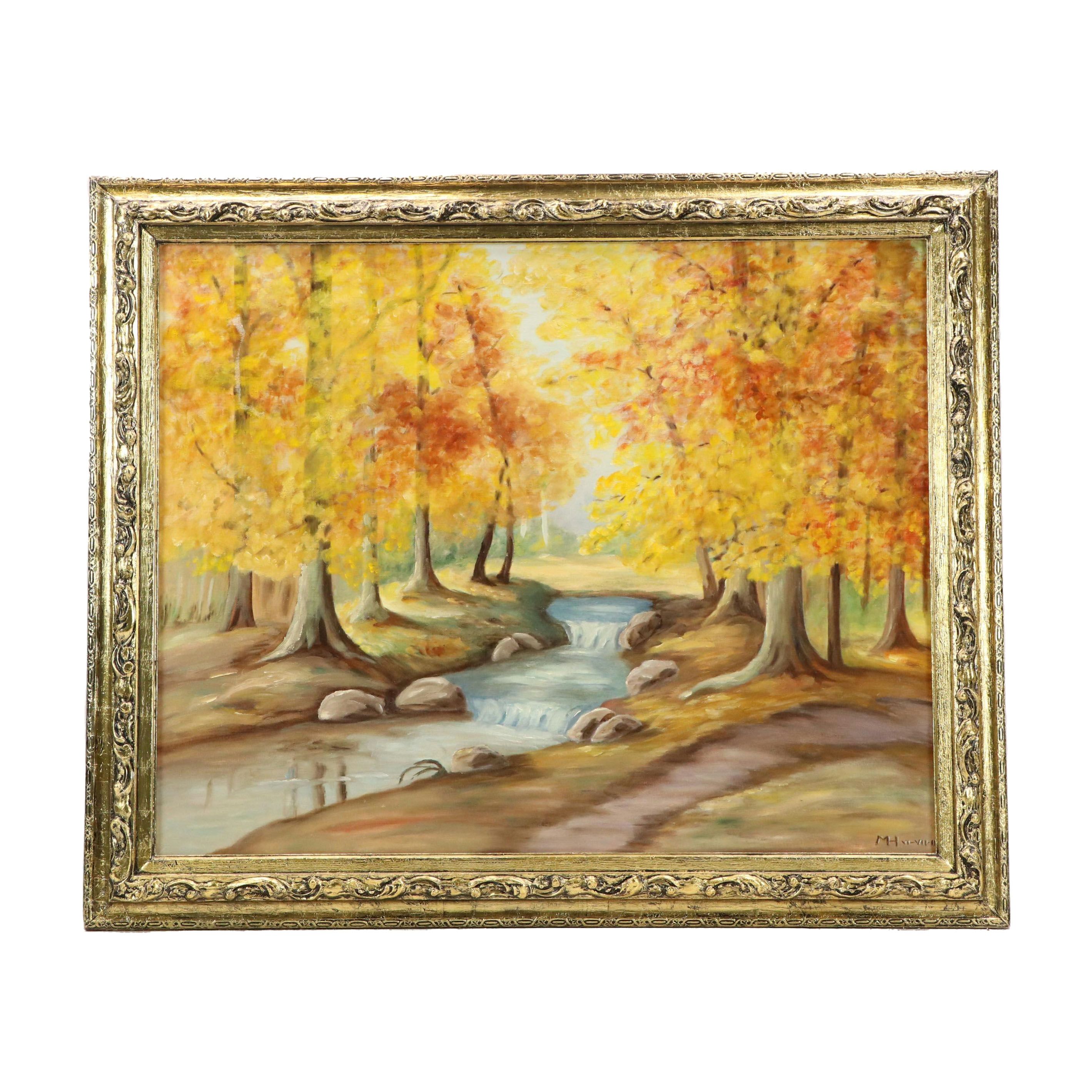 Autumn Landscape Oil Painting, Late 20th Century