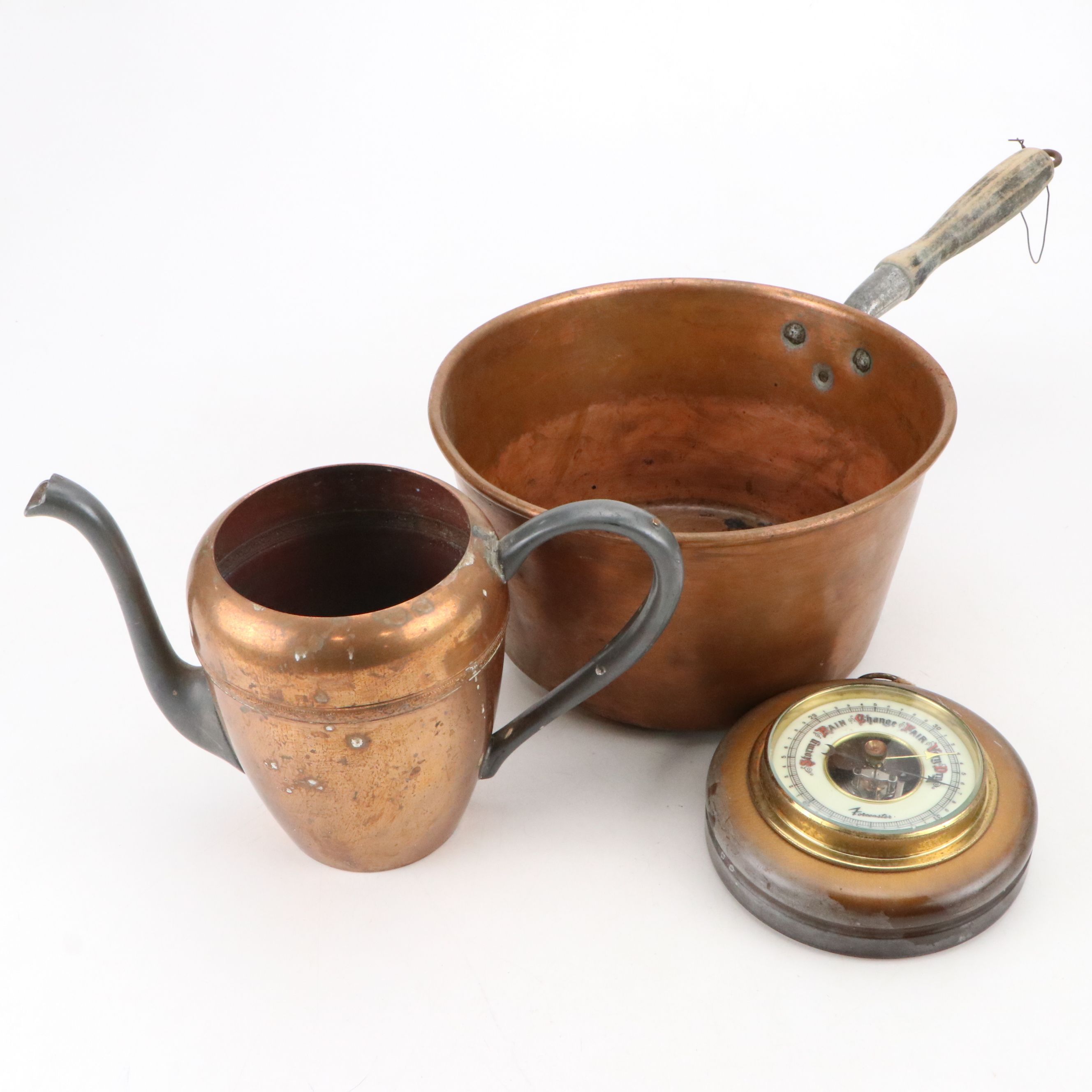Kewaskum Copper Pot and Forecaster German Barometer with Other Teapot