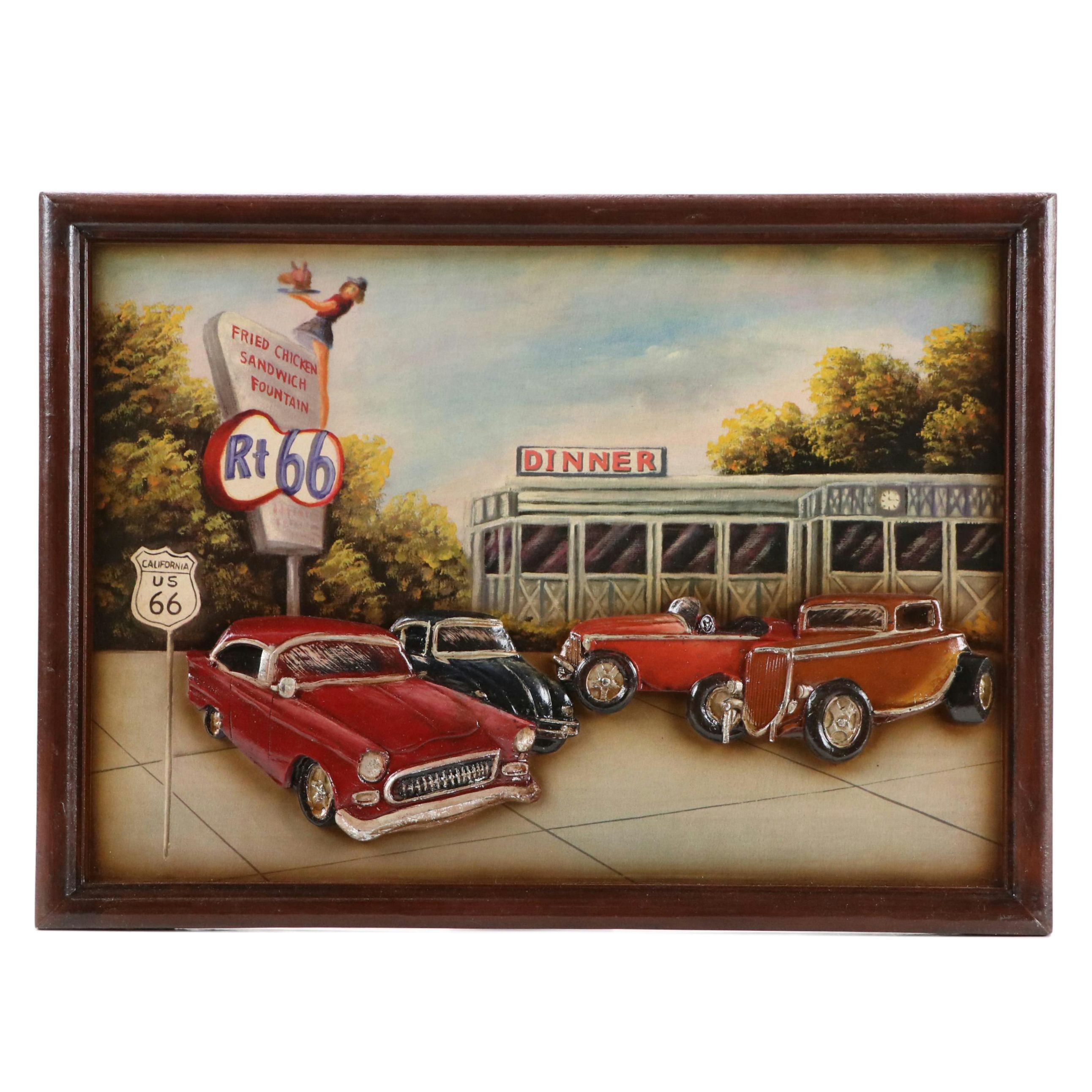 Offset Lithograph With Hand-Painted Relief Elements "Rt. 66"