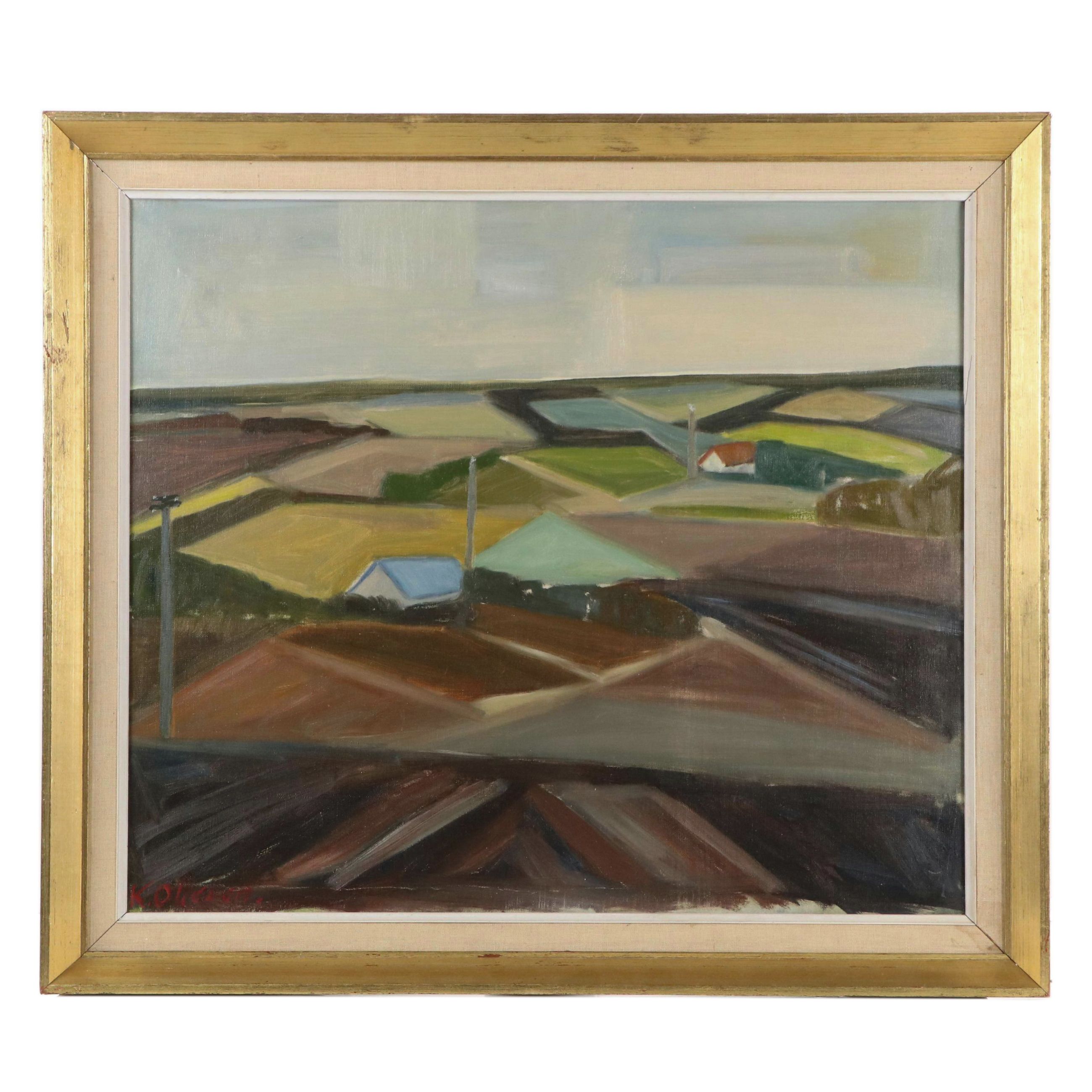 Danish Modernist Oil Painting Landscape, Mid-20th Century
