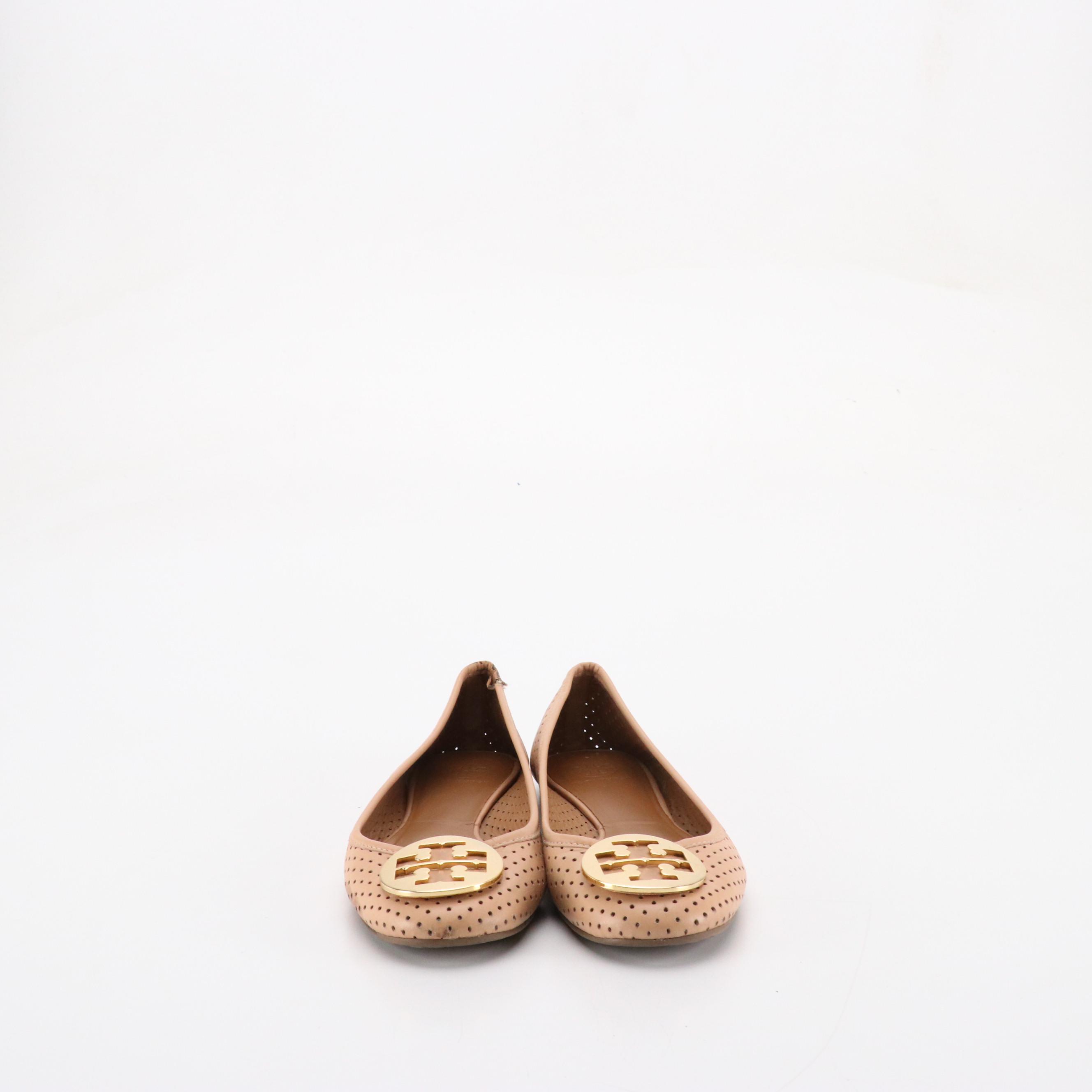 Tory Burch Reva Ballet Flats in Beige Perforated Leather