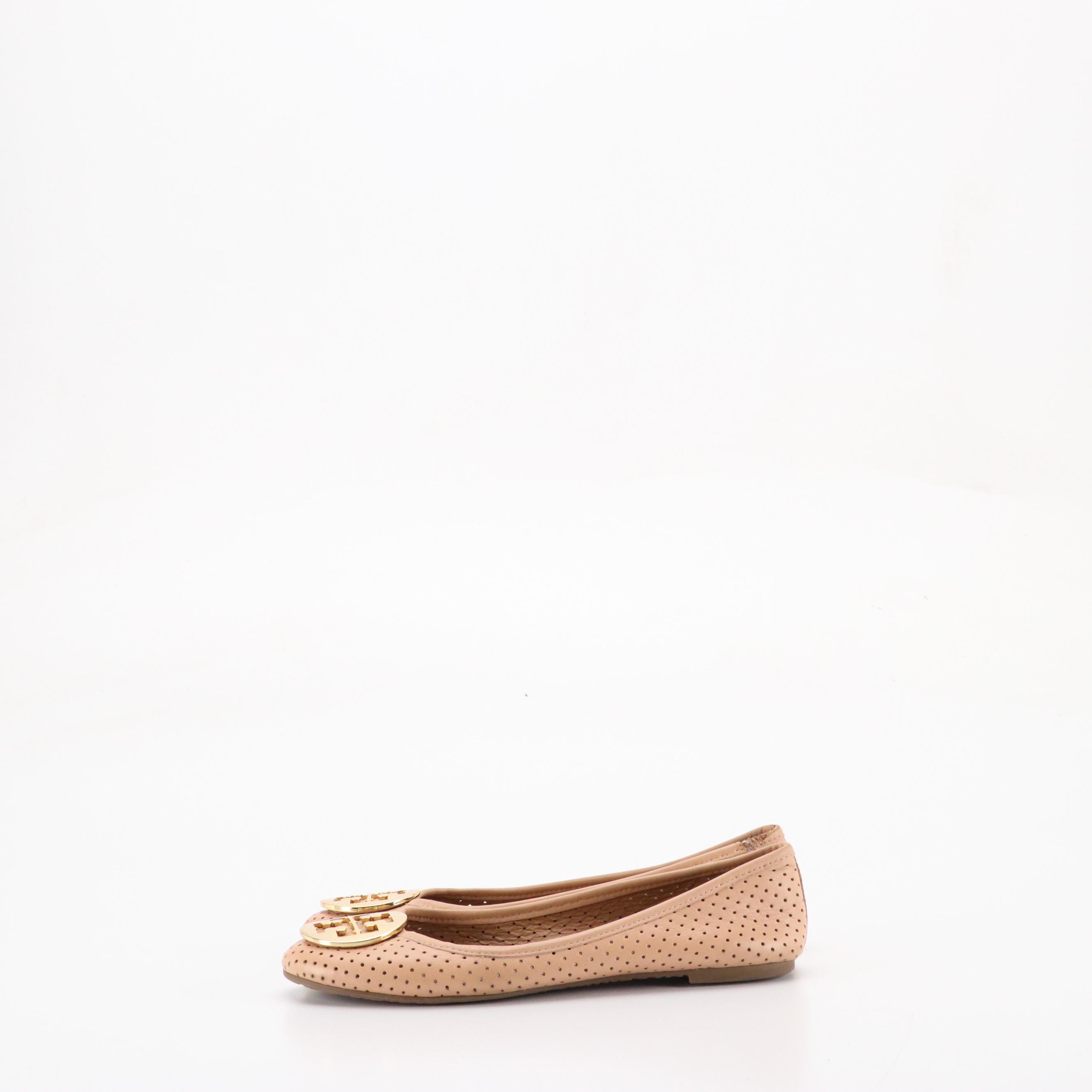 Tory Burch Reva Ballet Flats in Beige Perforated Leather