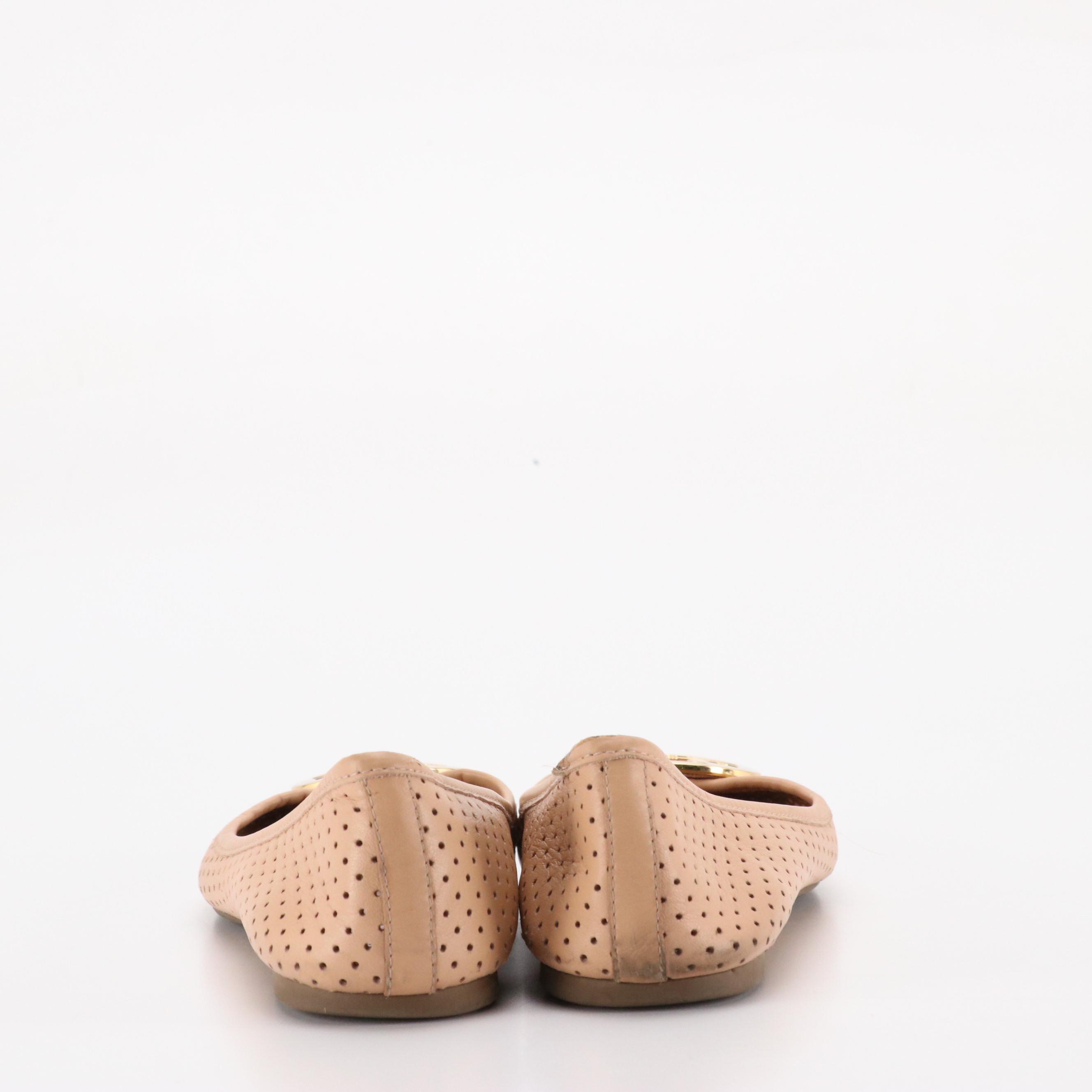 Tory Burch Reva Ballet Flats in Beige Perforated Leather