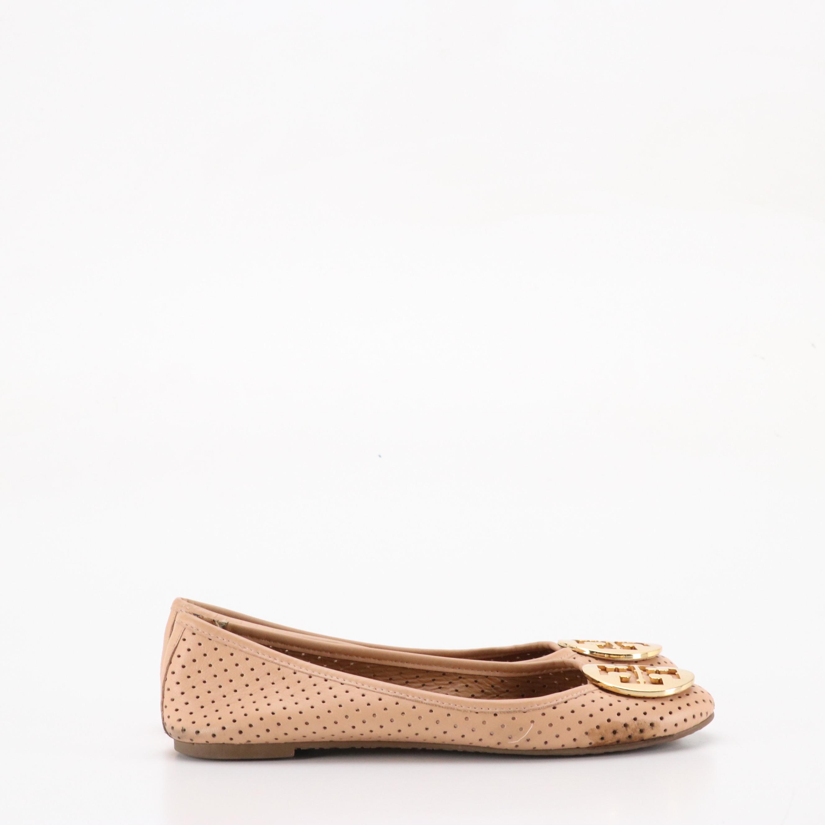 Tory Burch Reva Ballet Flats in Beige Perforated Leather