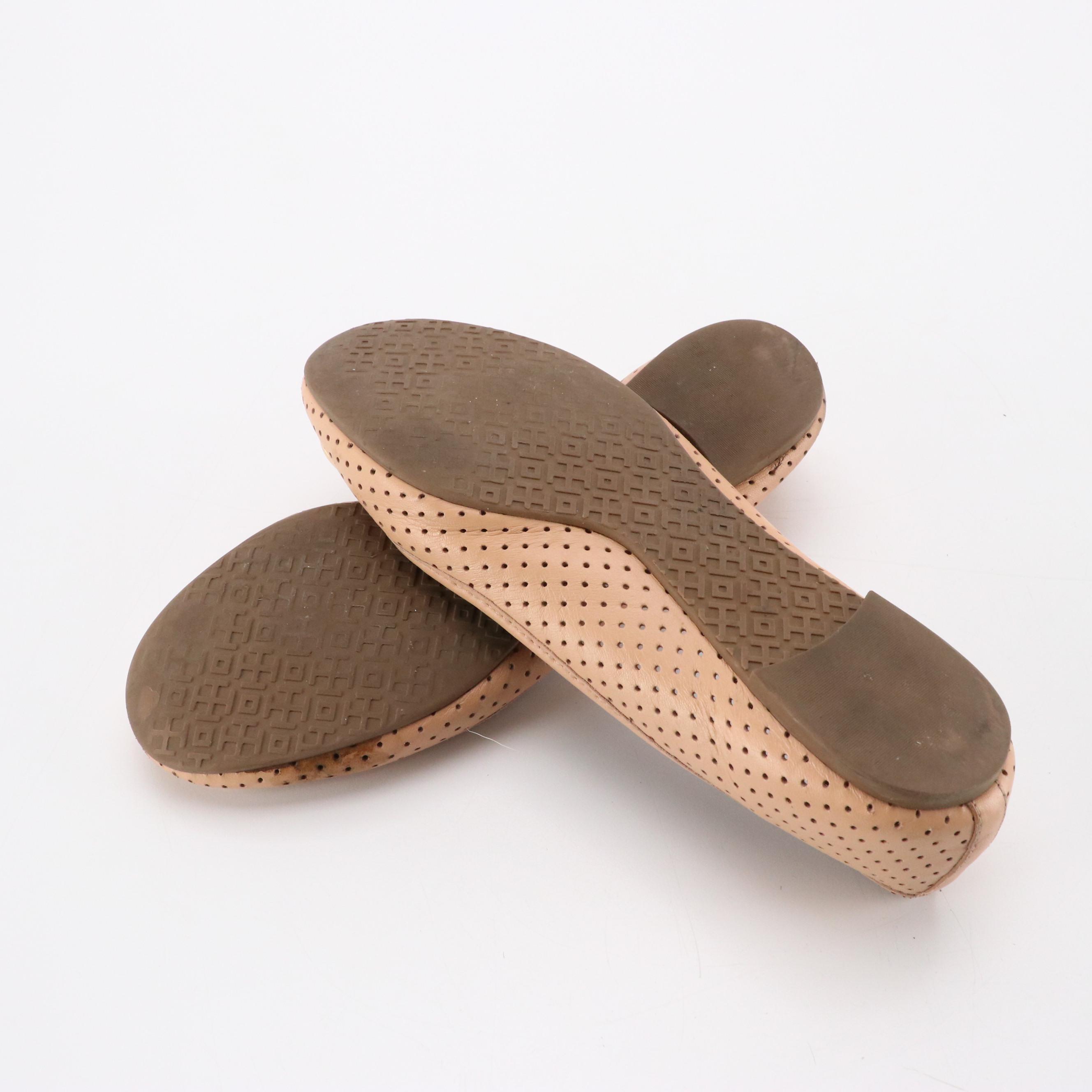 Tory Burch Reva Ballet Flats in Beige Perforated Leather