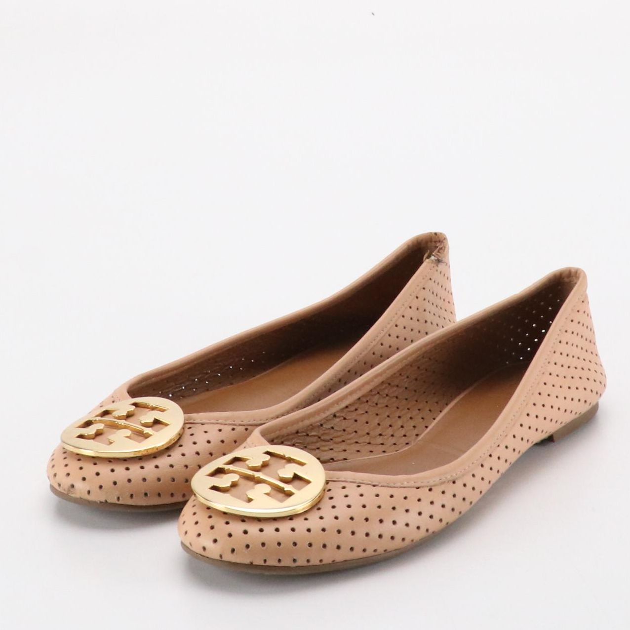 Tory Burch Reva Ballet Flats in Beige Perforated Leather