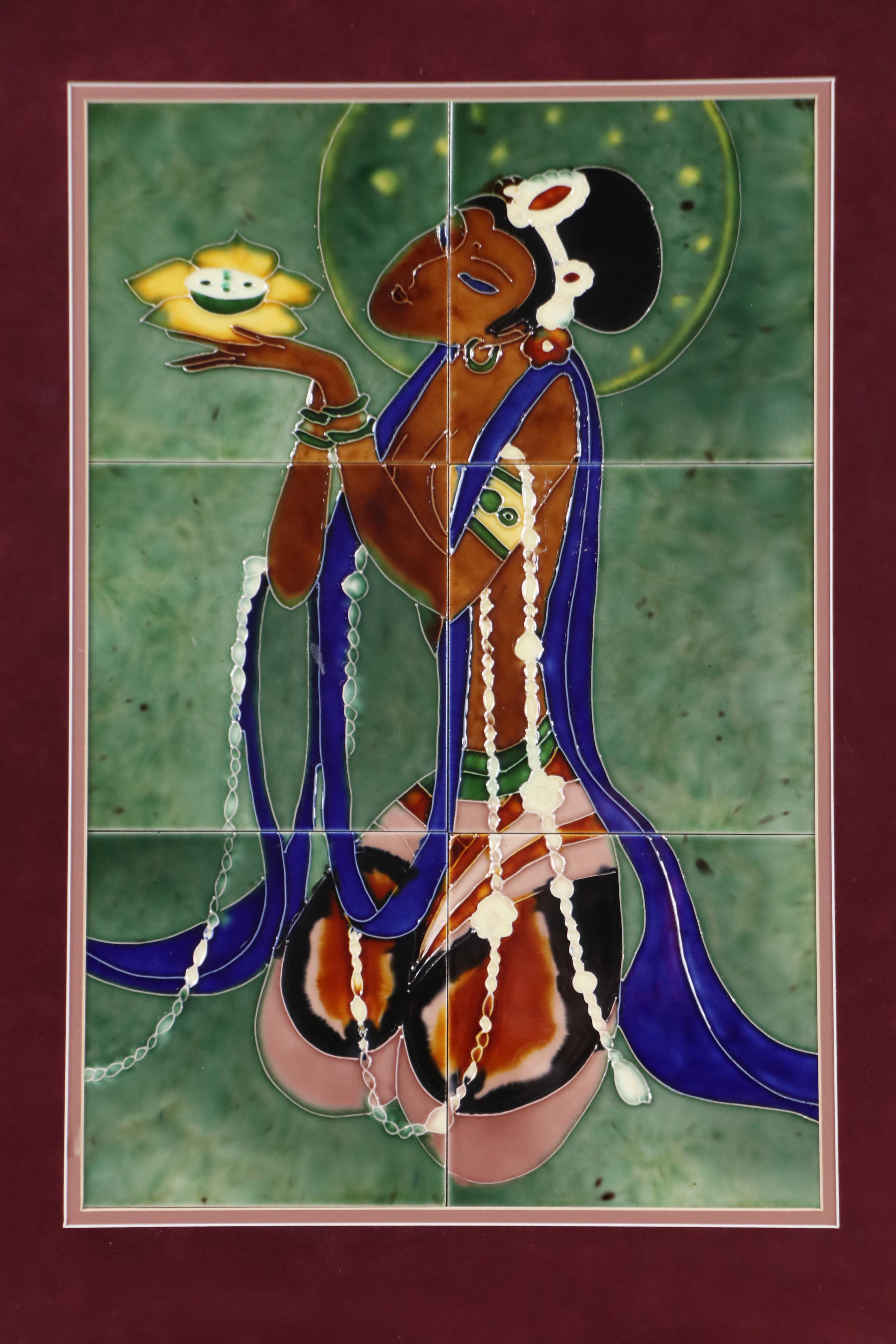 Art Pottery Tile Mosaic of Kneeling Southeast Asian Figure with Lotus Flower