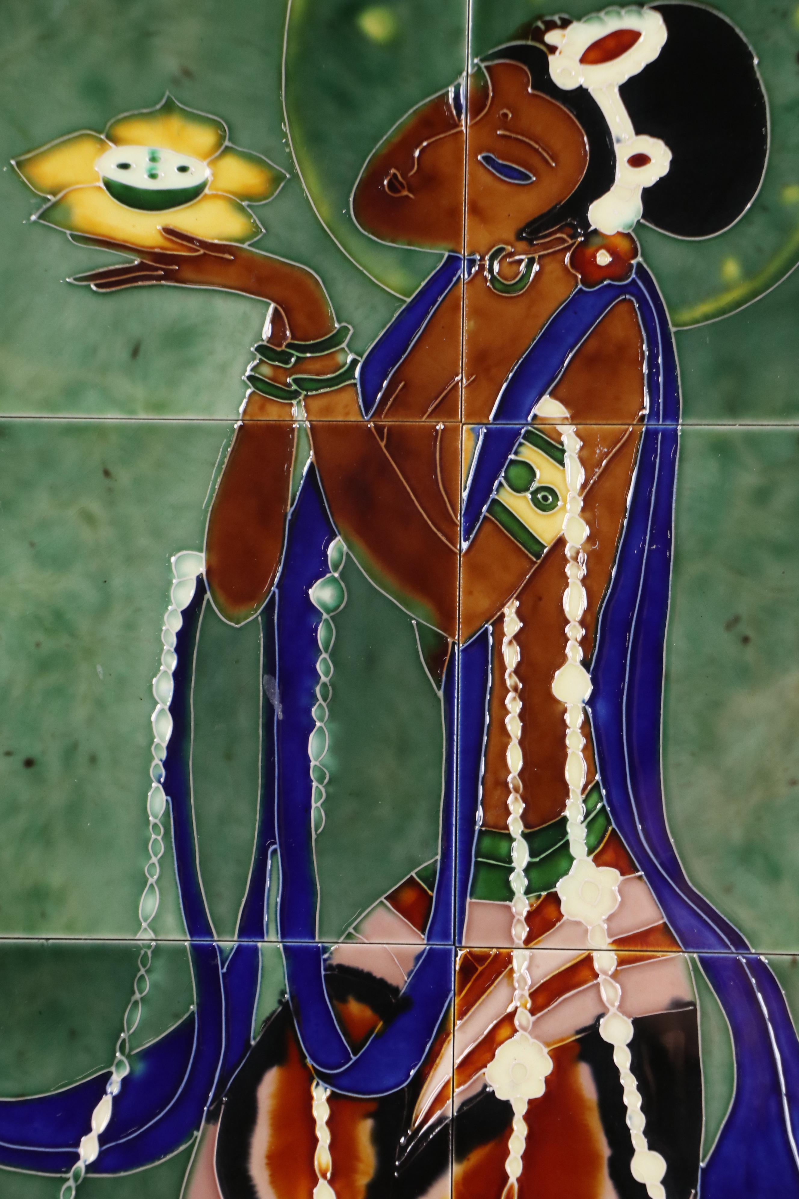 Art Pottery Tile Mosaic of Kneeling Southeast Asian Figure with Lotus Flower