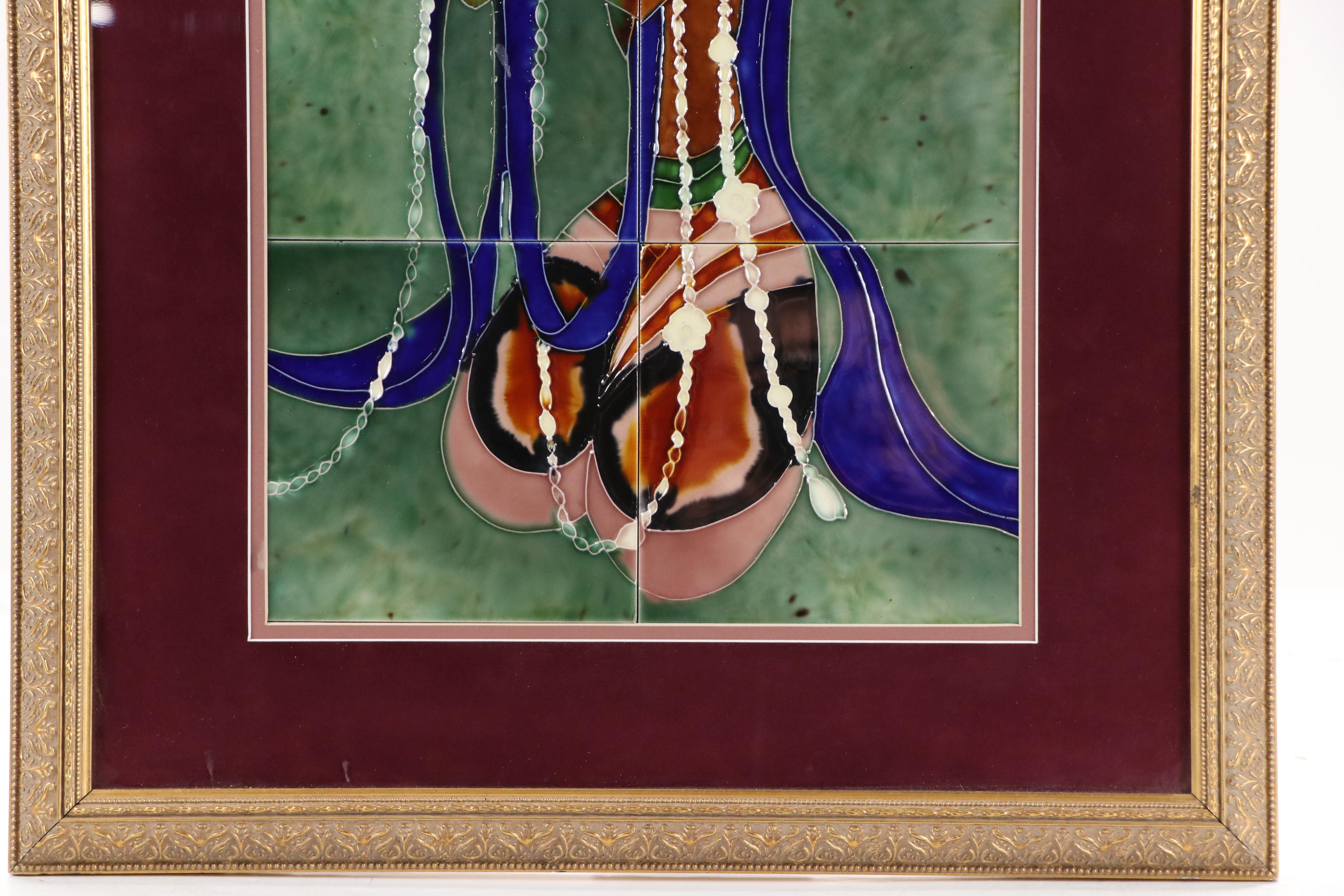 Art Pottery Tile Mosaic of Kneeling Southeast Asian Figure with Lotus Flower