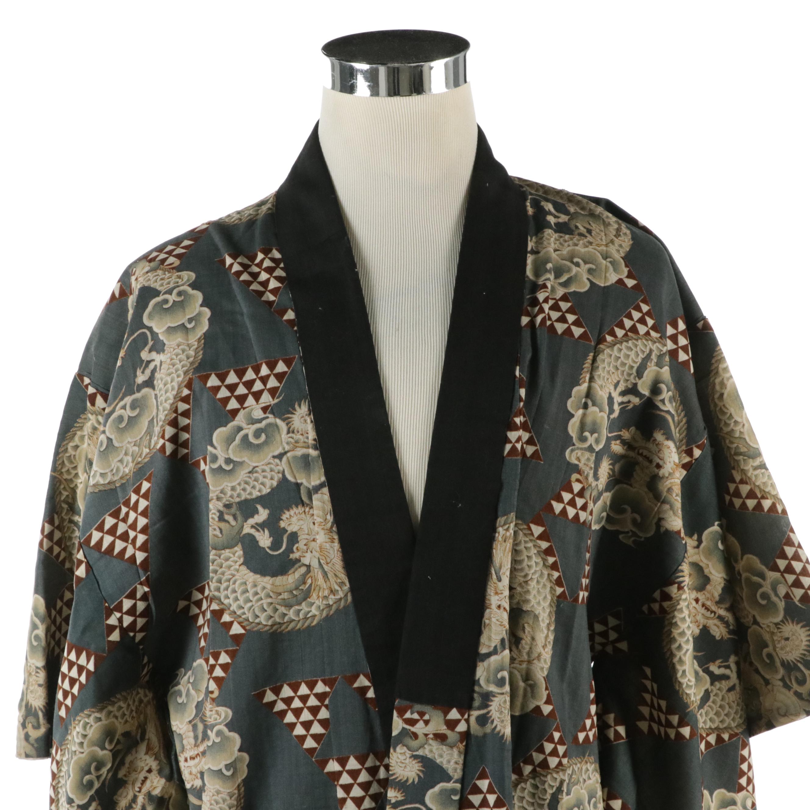 Men's Japanese Kimono in Kumo to Ryū/Uroko Pattern Wool