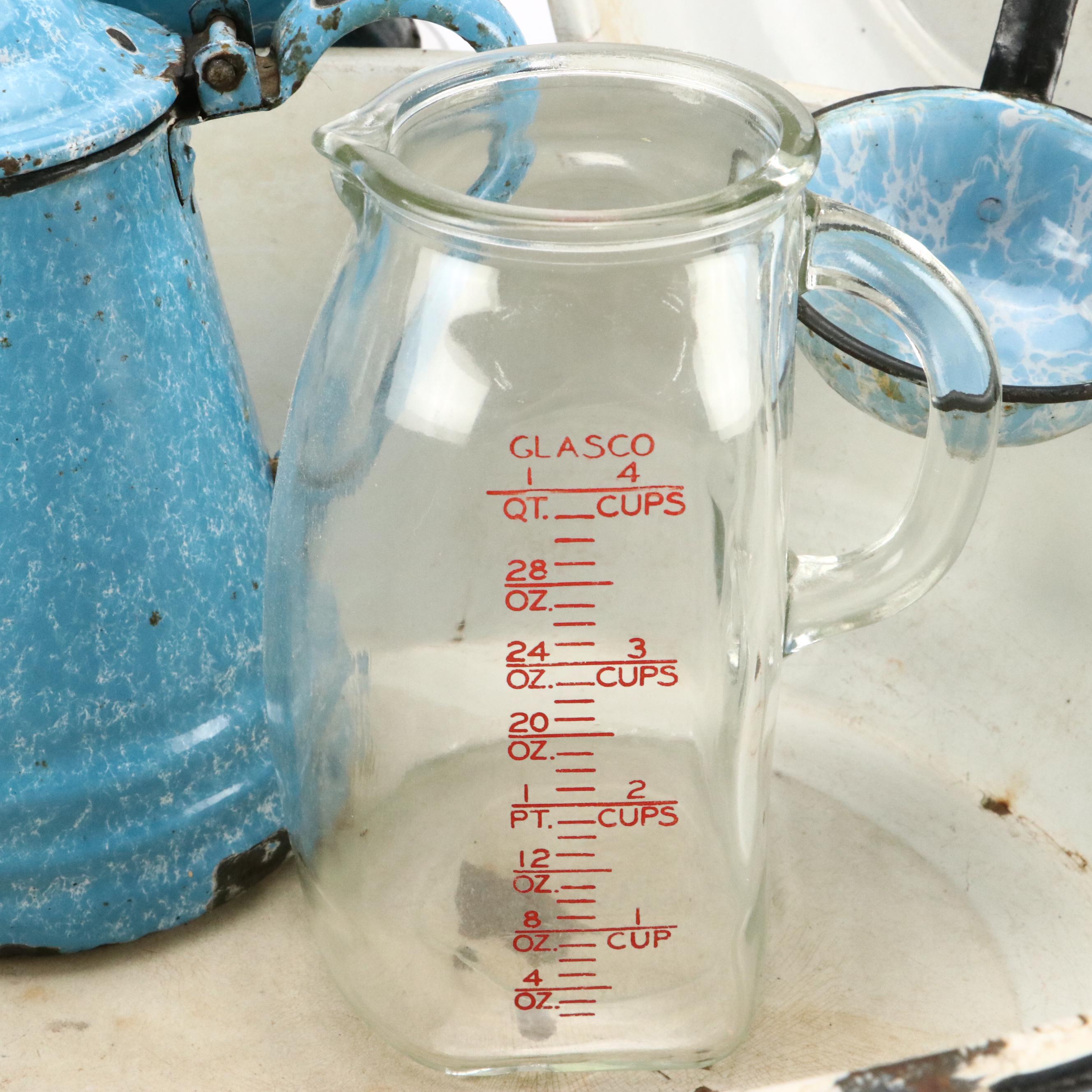 Blue Swirl and Other Graniteware with Glass Measuring Cup, Early to Mid-20th C.