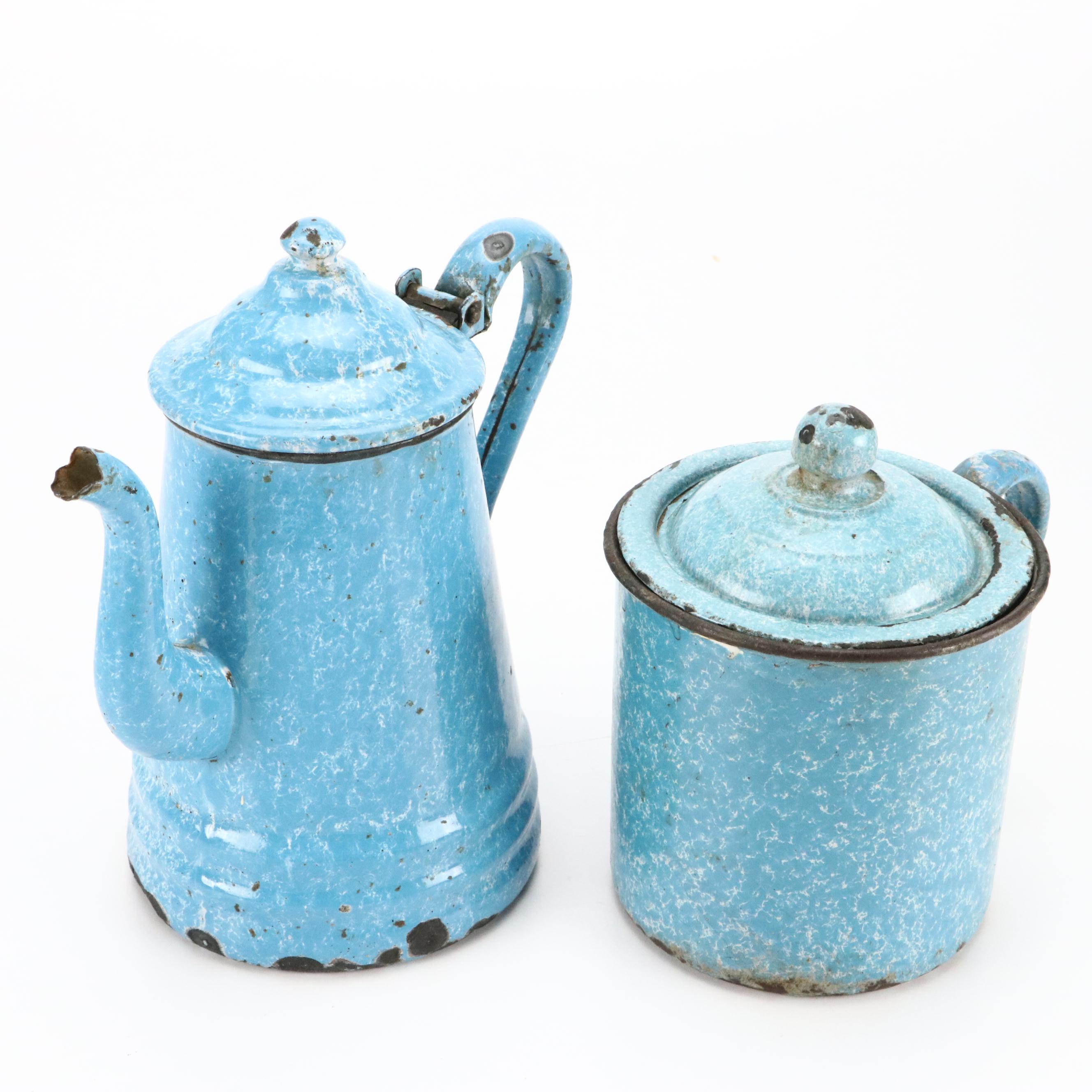 Blue Swirl and Other Graniteware with Glass Measuring Cup, Early to Mid-20th C.