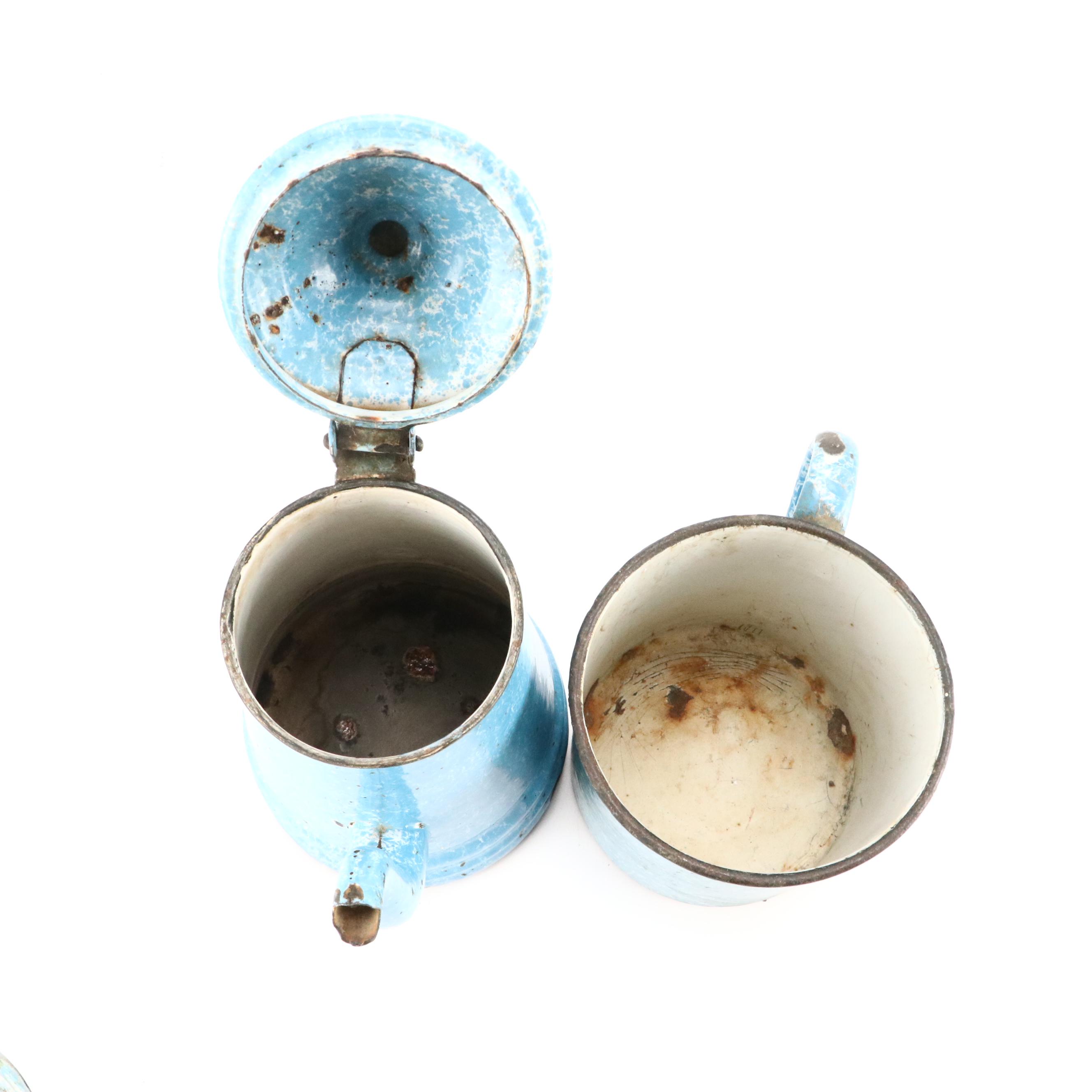 Blue Swirl and Other Graniteware with Glass Measuring Cup, Early to Mid-20th C.