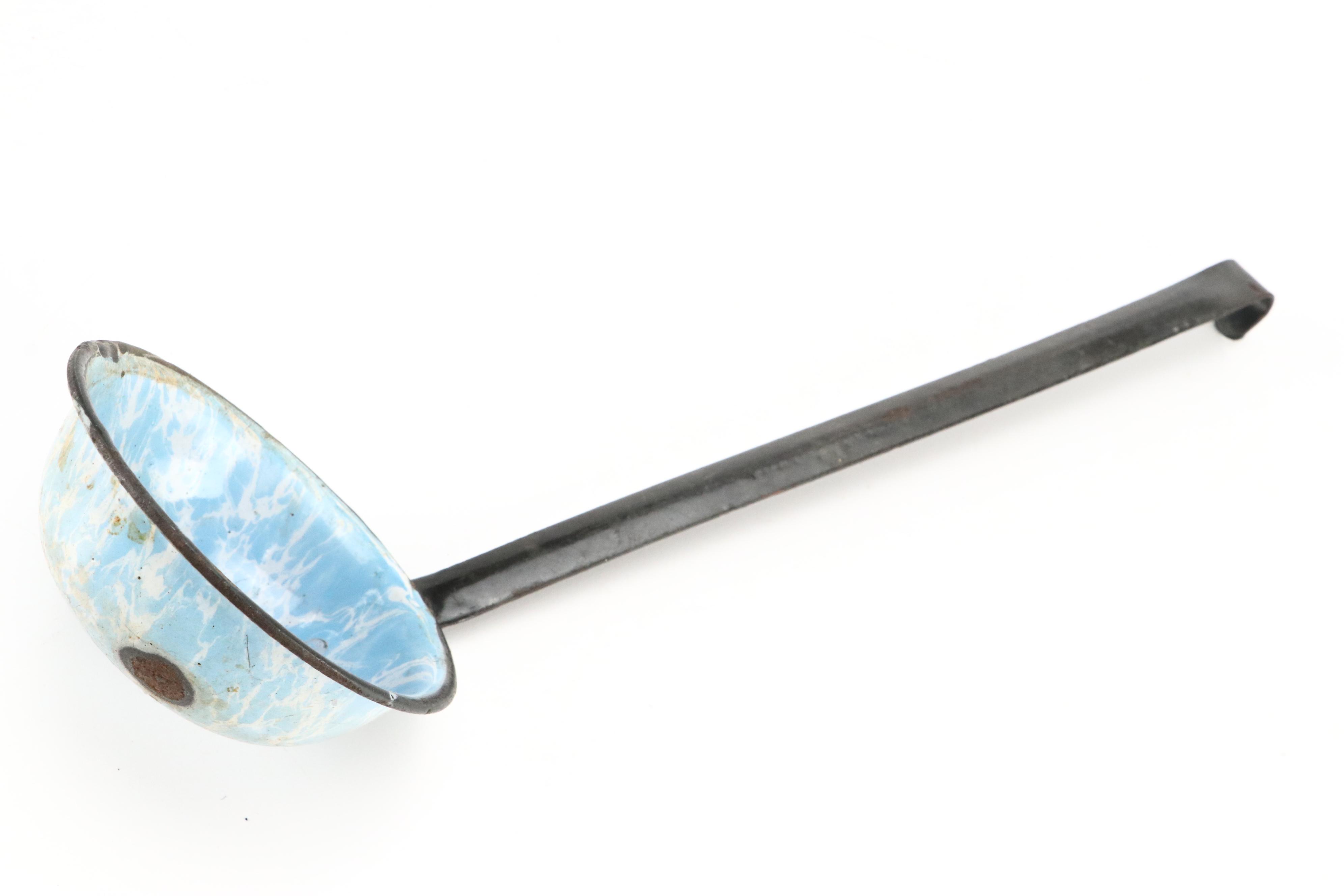 Blue Swirl and Other Graniteware with Glass Measuring Cup, Early to Mid-20th C.