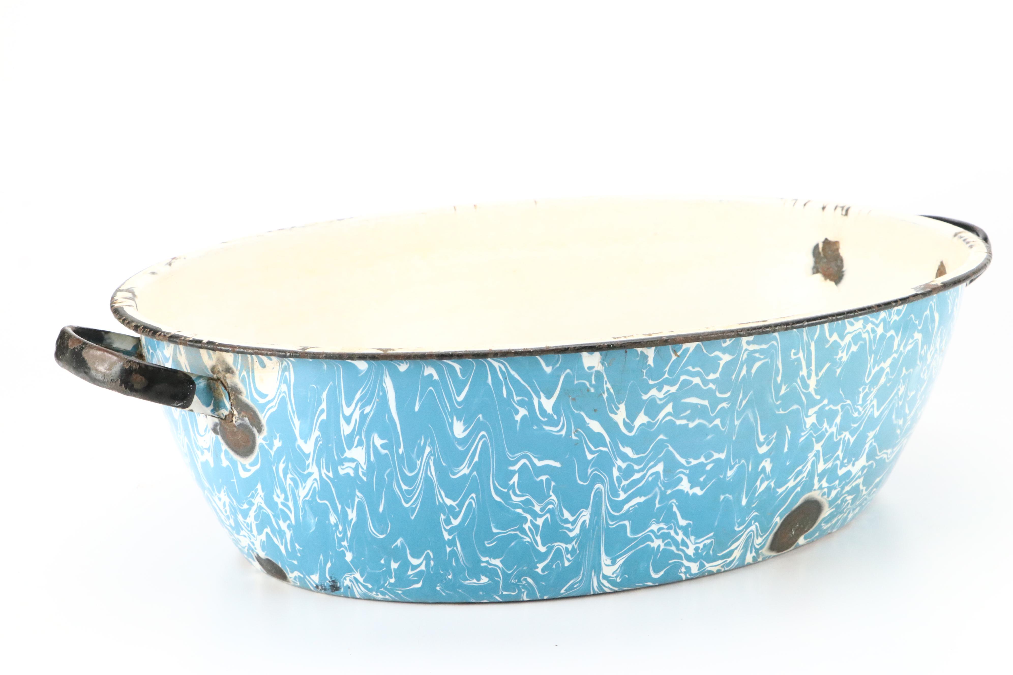 Blue Swirl and Other Graniteware with Glass Measuring Cup, Early to Mid-20th C.