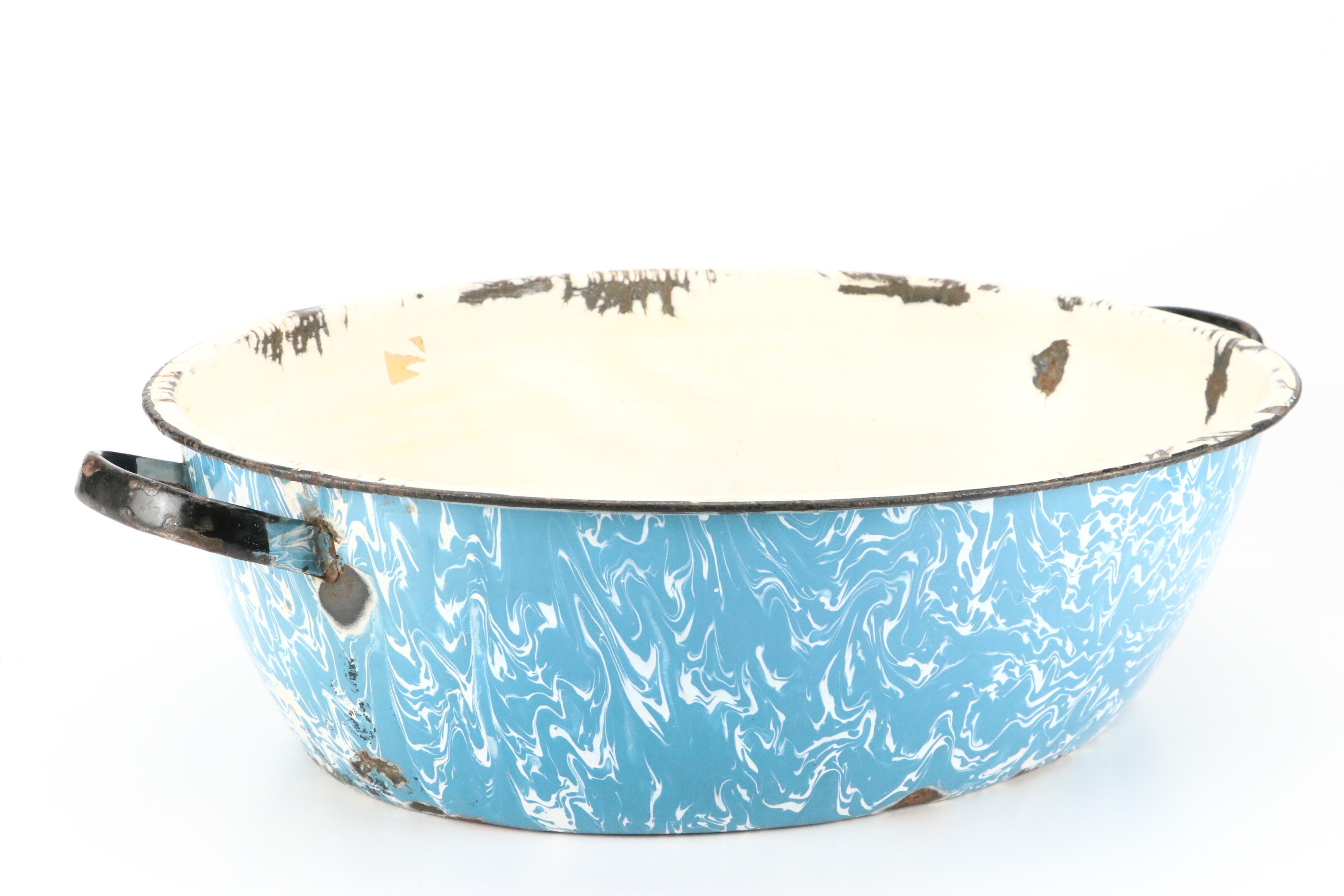 Blue Swirl and Other Graniteware with Glass Measuring Cup, Early to Mid-20th C.