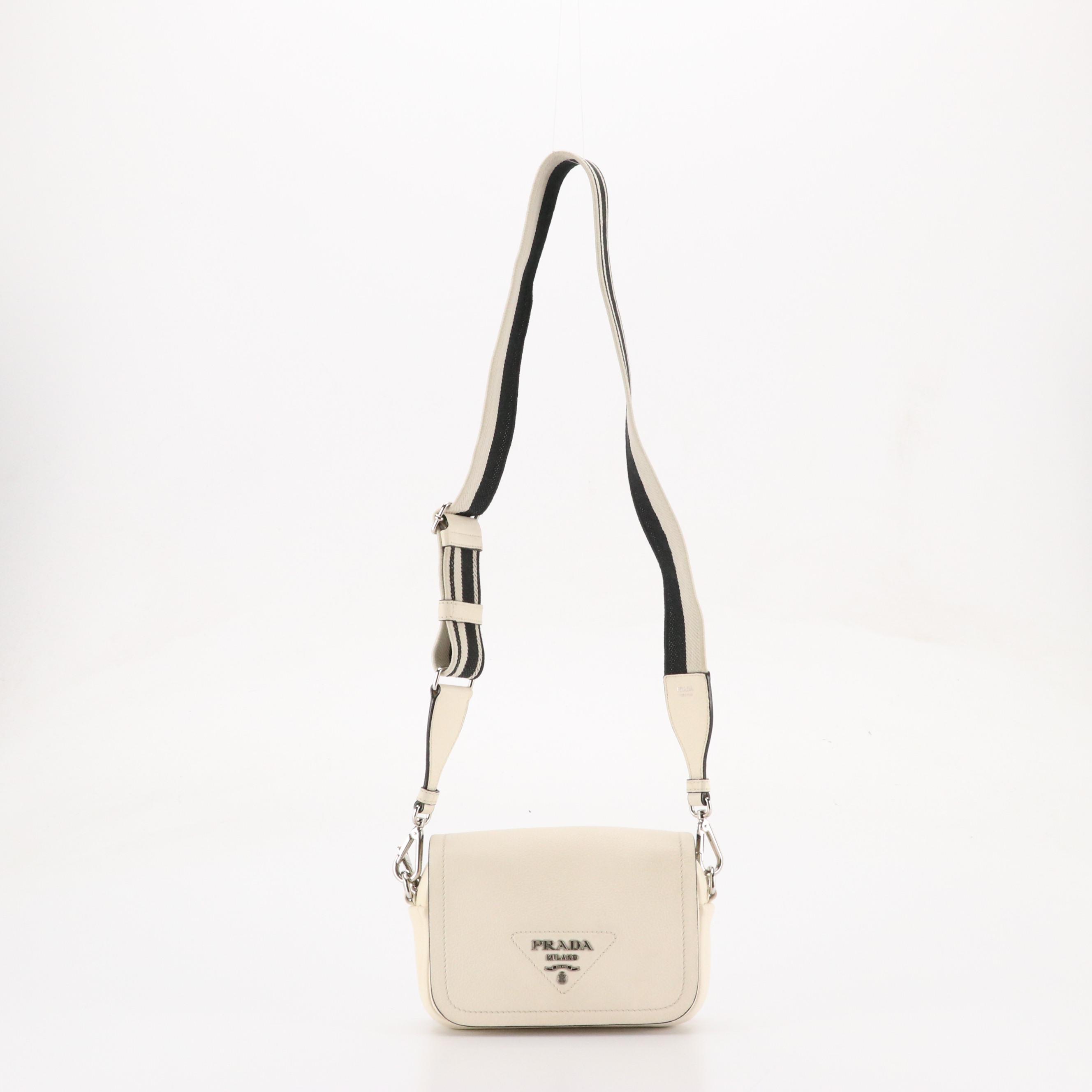 Prada Soft Flap Crossbody Bag in Ivory Vitello Daino Leather