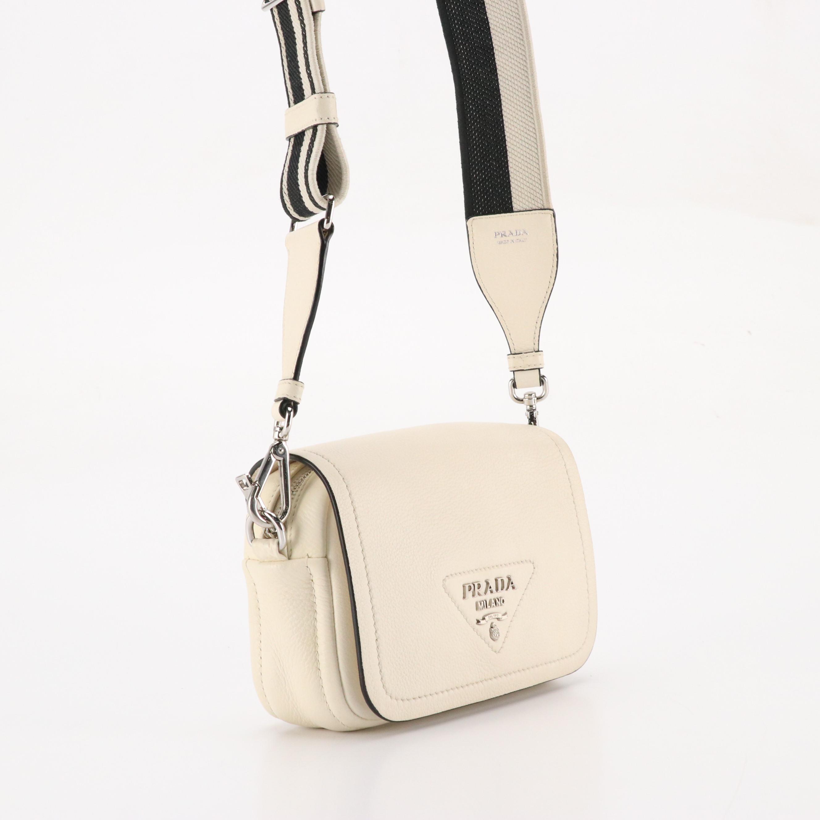 Prada Soft Flap Crossbody Bag in Ivory Vitello Daino Leather
