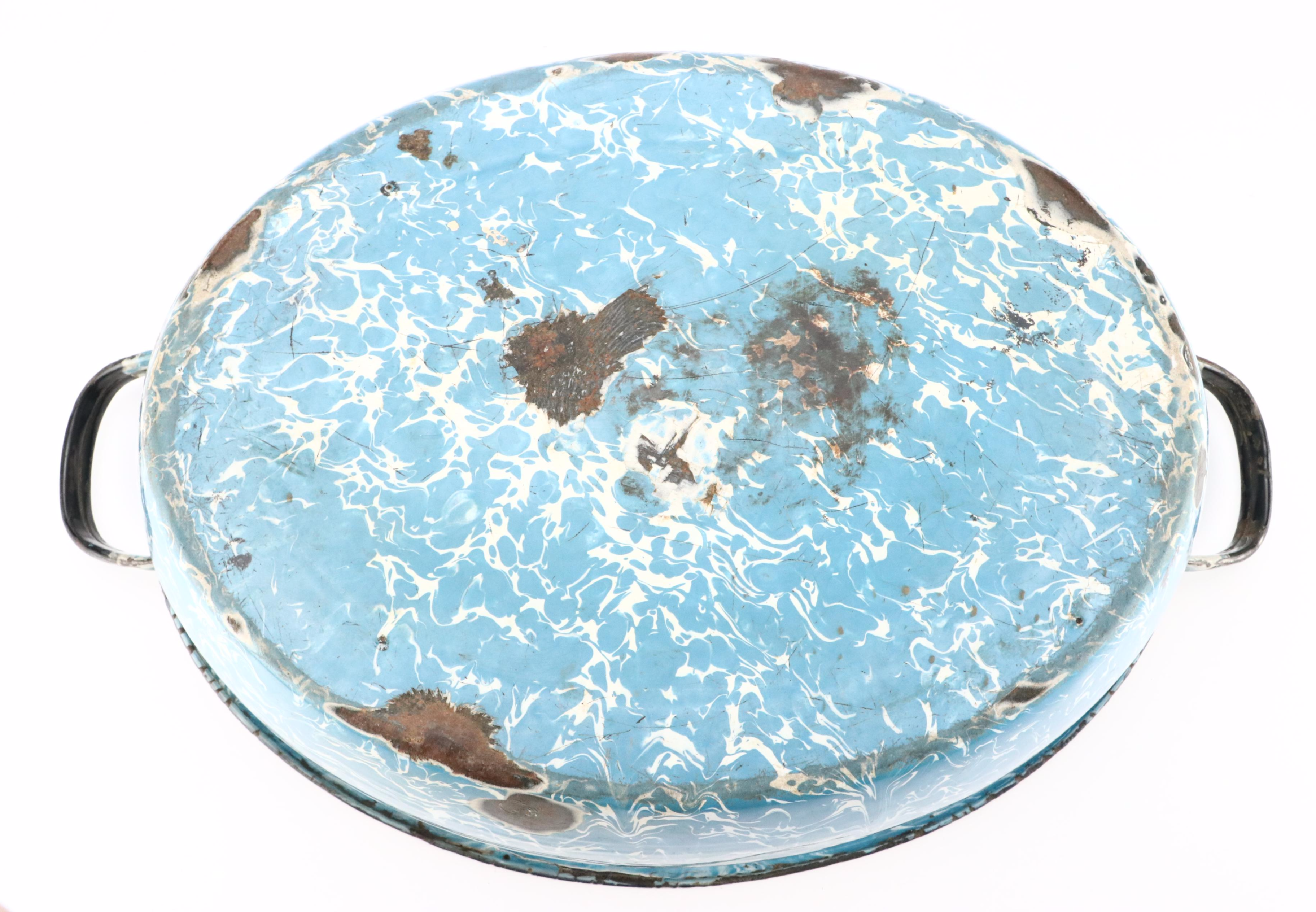 Blue Swirl and Other Graniteware with Glass Measuring Cup, Early to Mid-20th C.