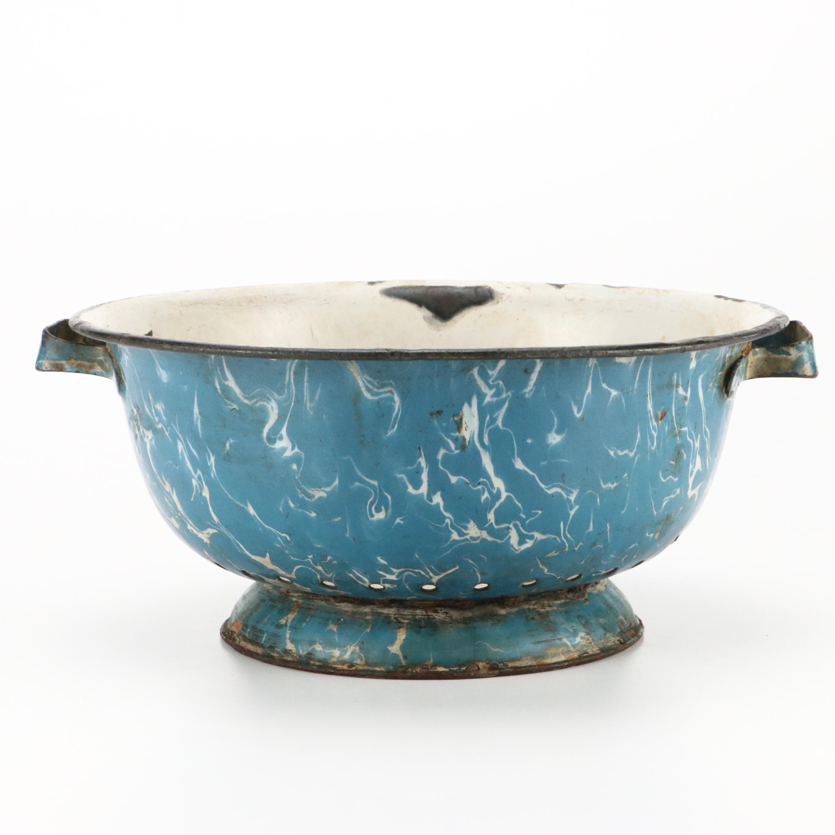 Blue Swirl and Other Graniteware with Glass Measuring Cup, Early to Mid-20th C.