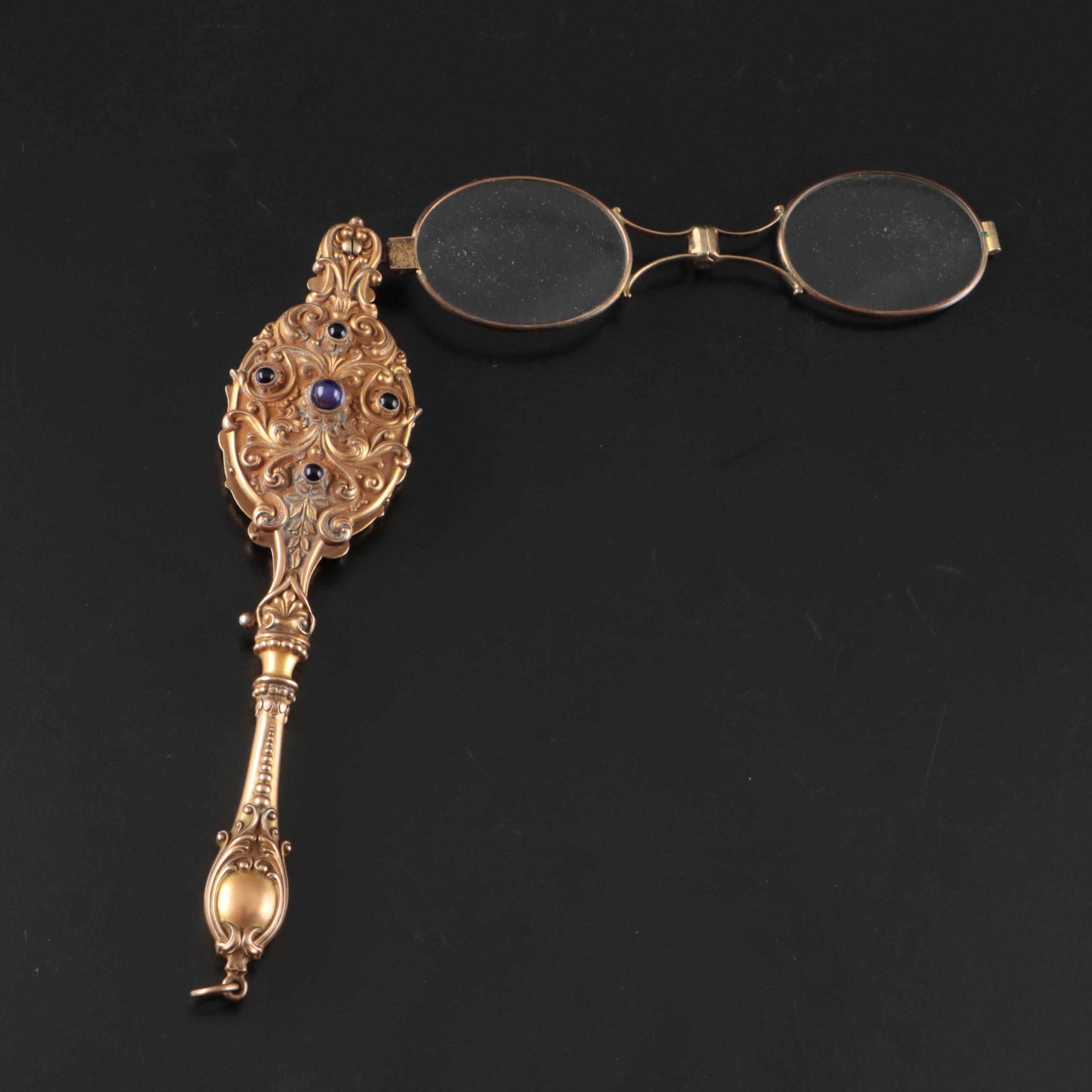 Art Nouveau Gilt Repoussé Folding Lorgnette & Amethyst Cabochons, Early 20th C