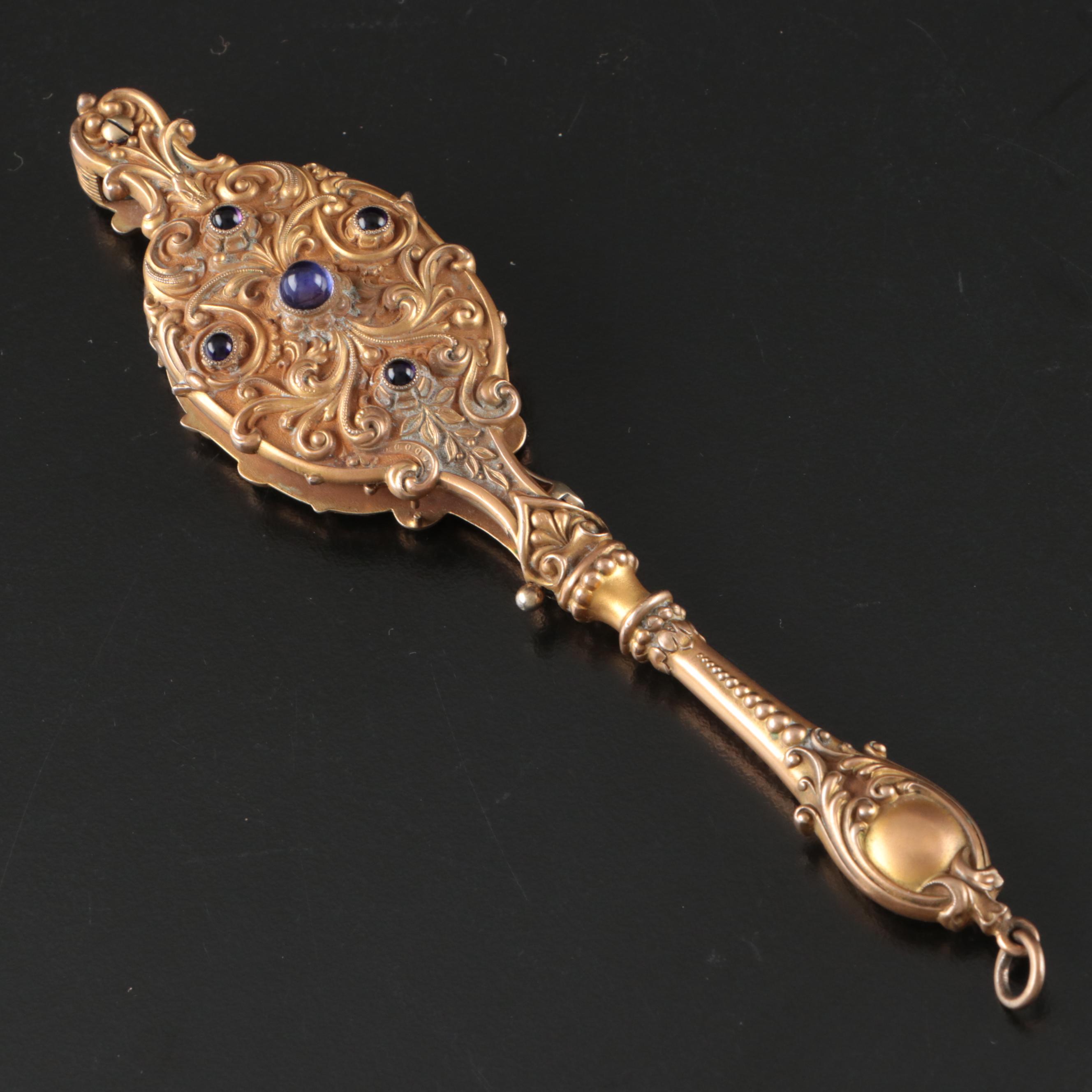Art Nouveau Gilt Repoussé Folding Lorgnette & Amethyst Cabochons, Early 20th C