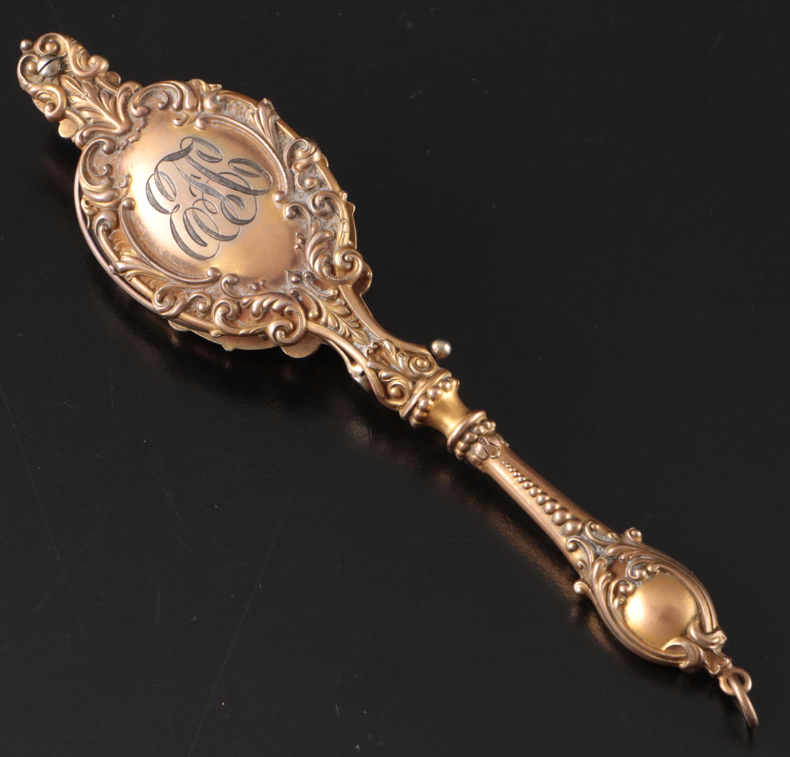 Art Nouveau Gilt Repoussé Folding Lorgnette & Amethyst Cabochons, Early 20th C