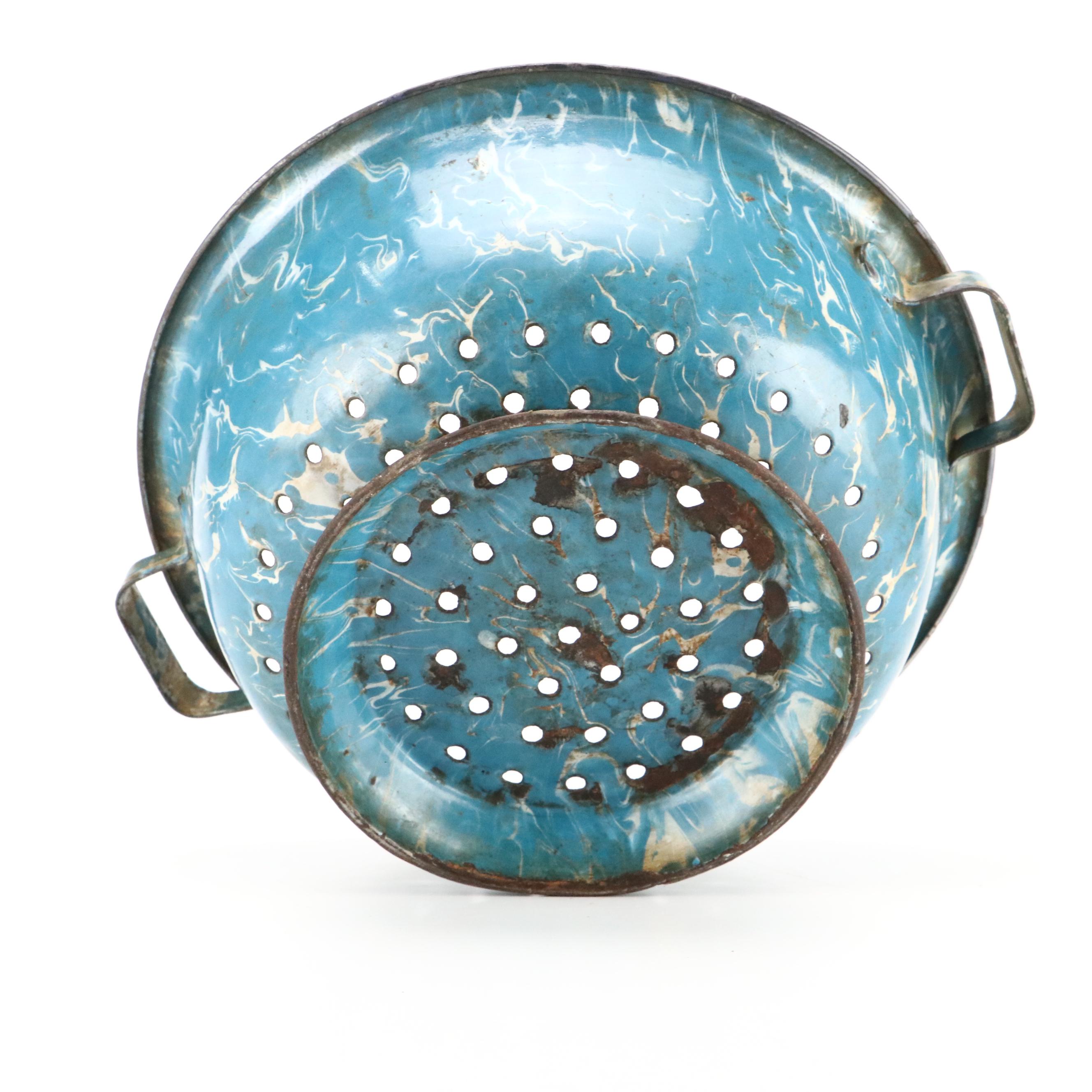 Blue Swirl and Other Graniteware with Glass Measuring Cup, Early to Mid-20th C.