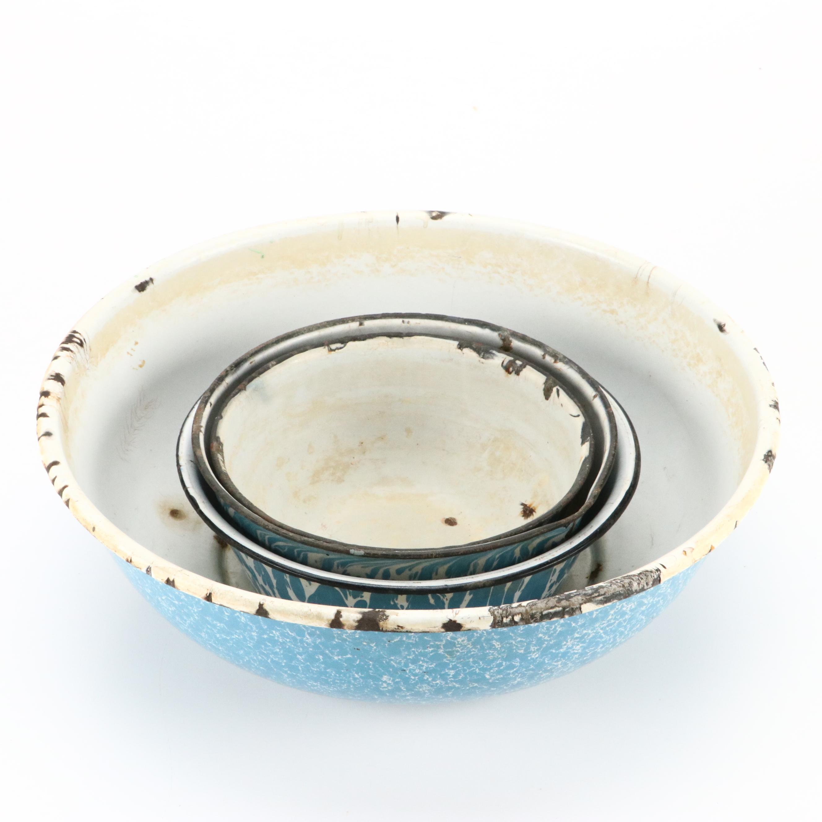 Blue Swirl and Other Graniteware with Glass Measuring Cup, Early to Mid-20th C.