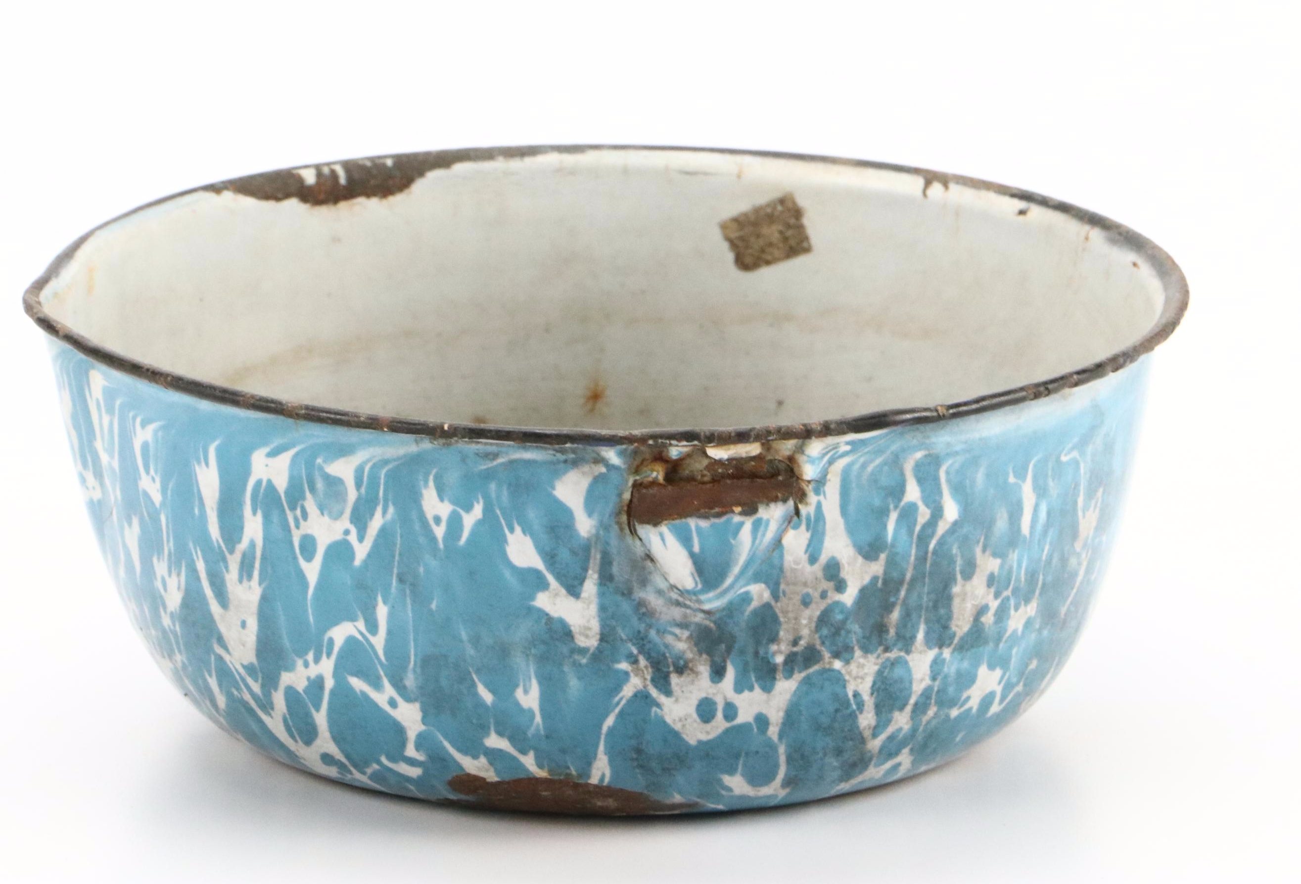 Blue Swirl and Other Graniteware with Glass Measuring Cup, Early to Mid-20th C.